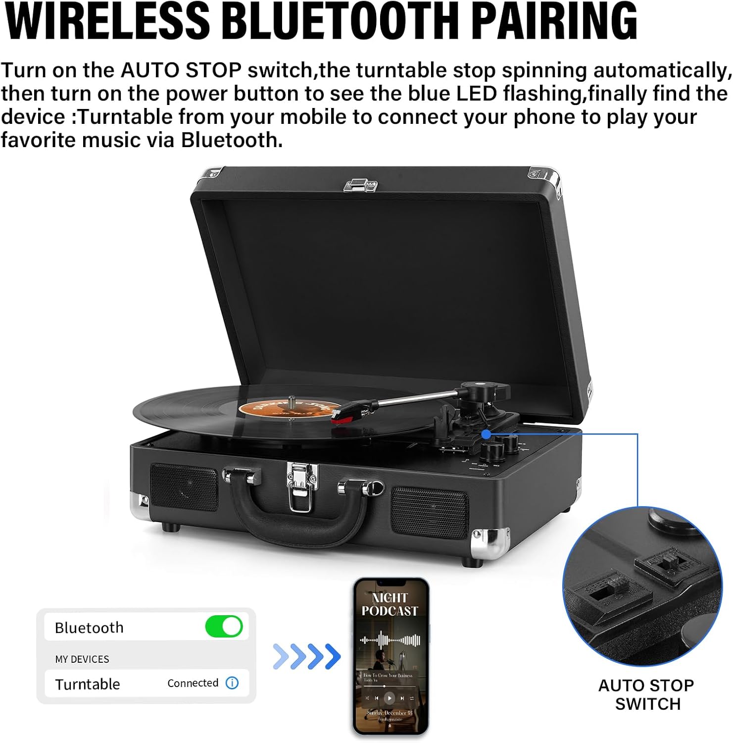 Portable Retro USB Turntable Record Player with Built-In Stereo Speakers