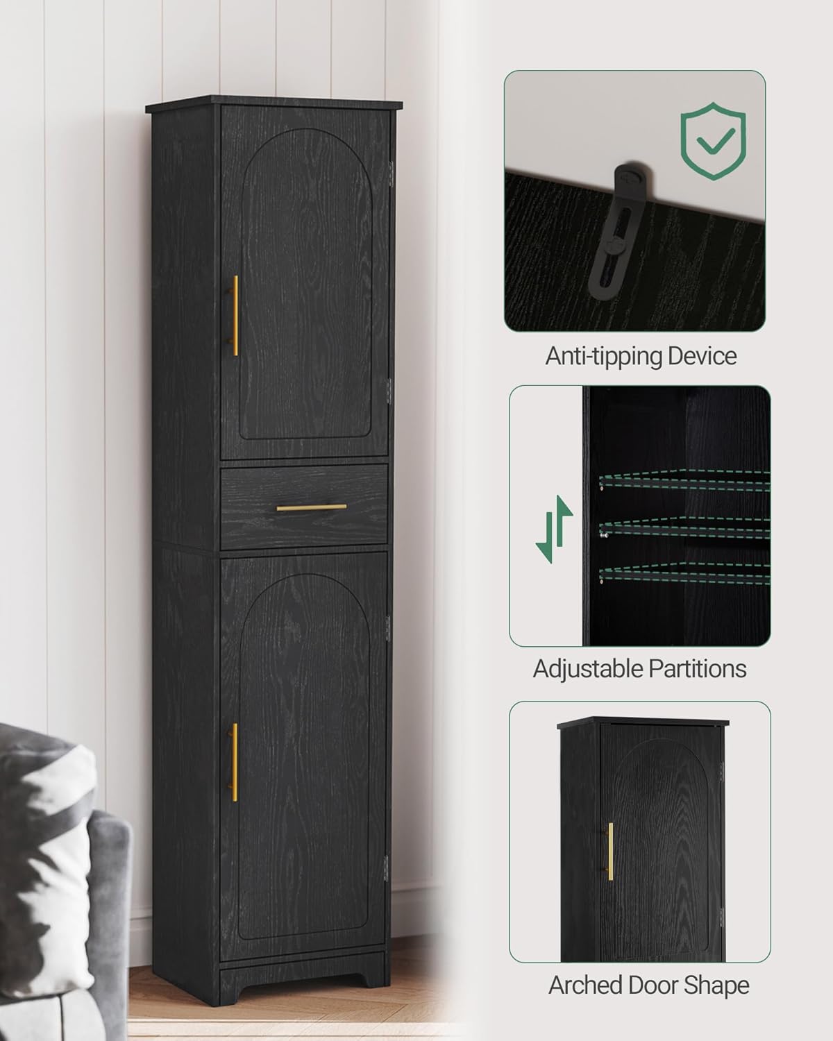 Tall Slim Storage Cabinet Black Drawer Doors Adjustable Shelf