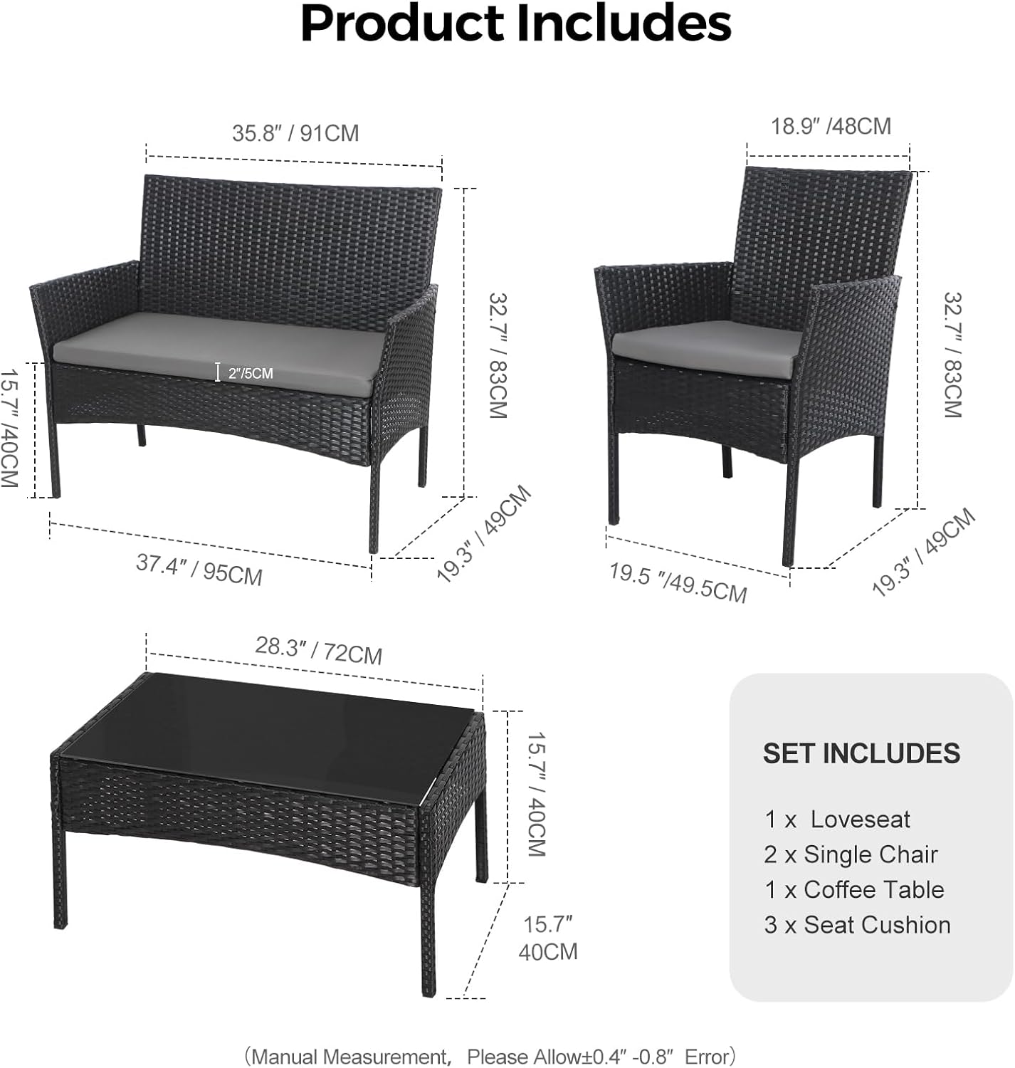 4 Piece Rattan Garden Furniture Set Patio Sofa Chairs Glass Table