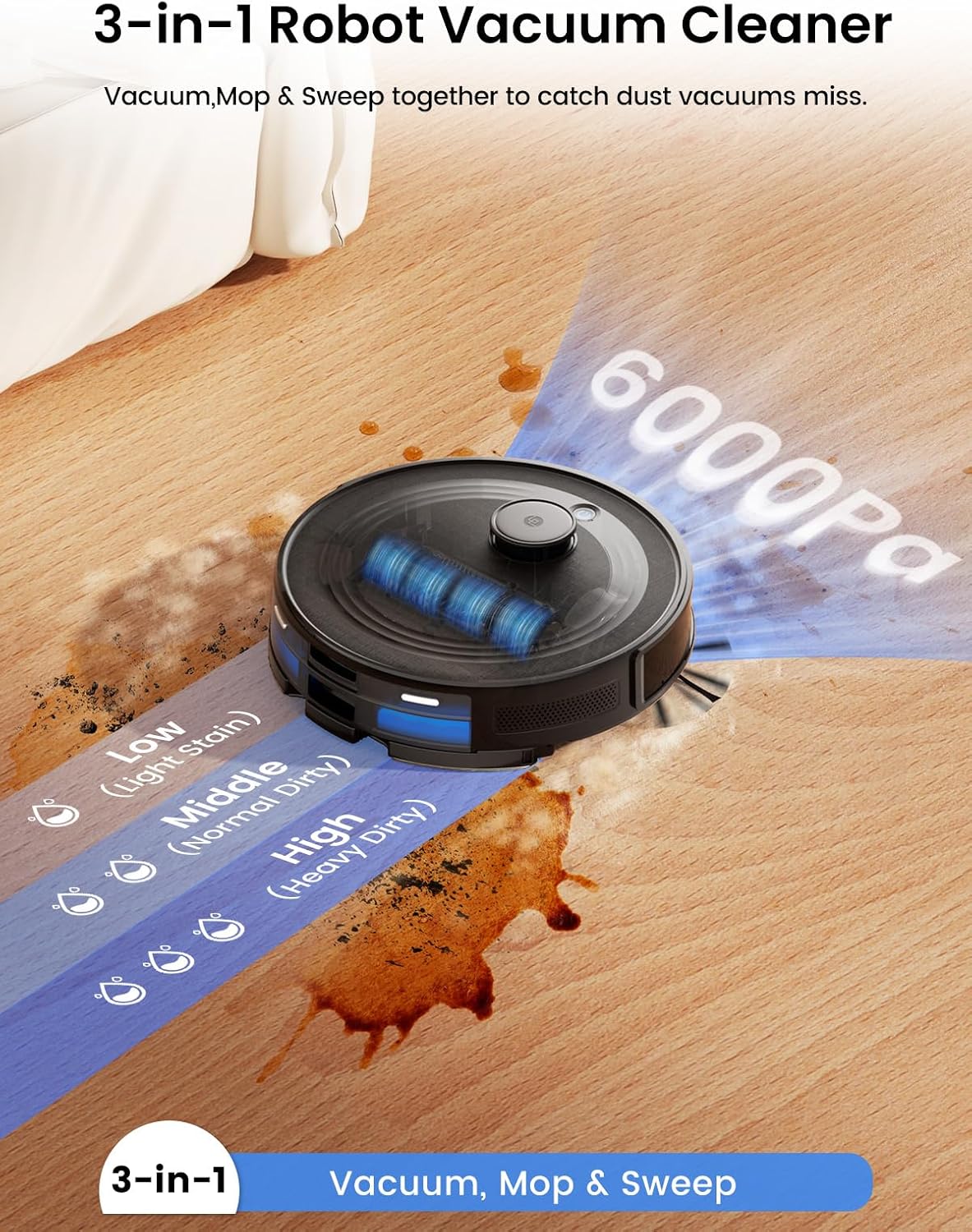 Robot Vacuum Mop Self Empty 6000Pa LiDAR Mapping WiFi 75 Day Auto