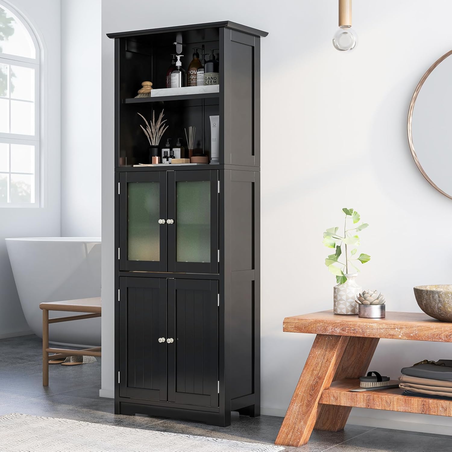 Tall Storage Cabinet Glass Door 6 Tier Shelf Unit Black