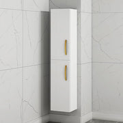 Gloss White Wall Hung Tall Bathroom Cabinet Gold Handle