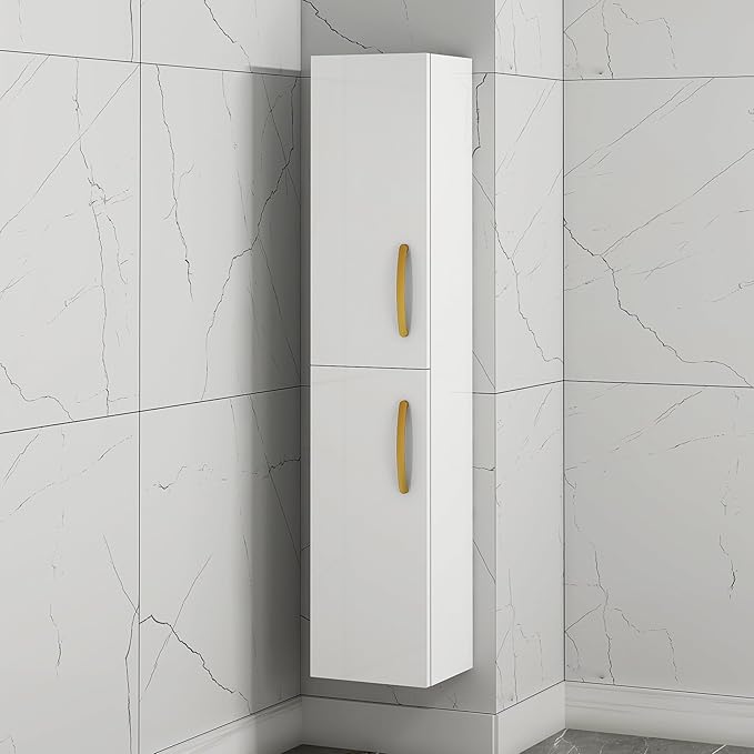 Gloss White Wall Hung Tall Bathroom Cabinet Gold Handle