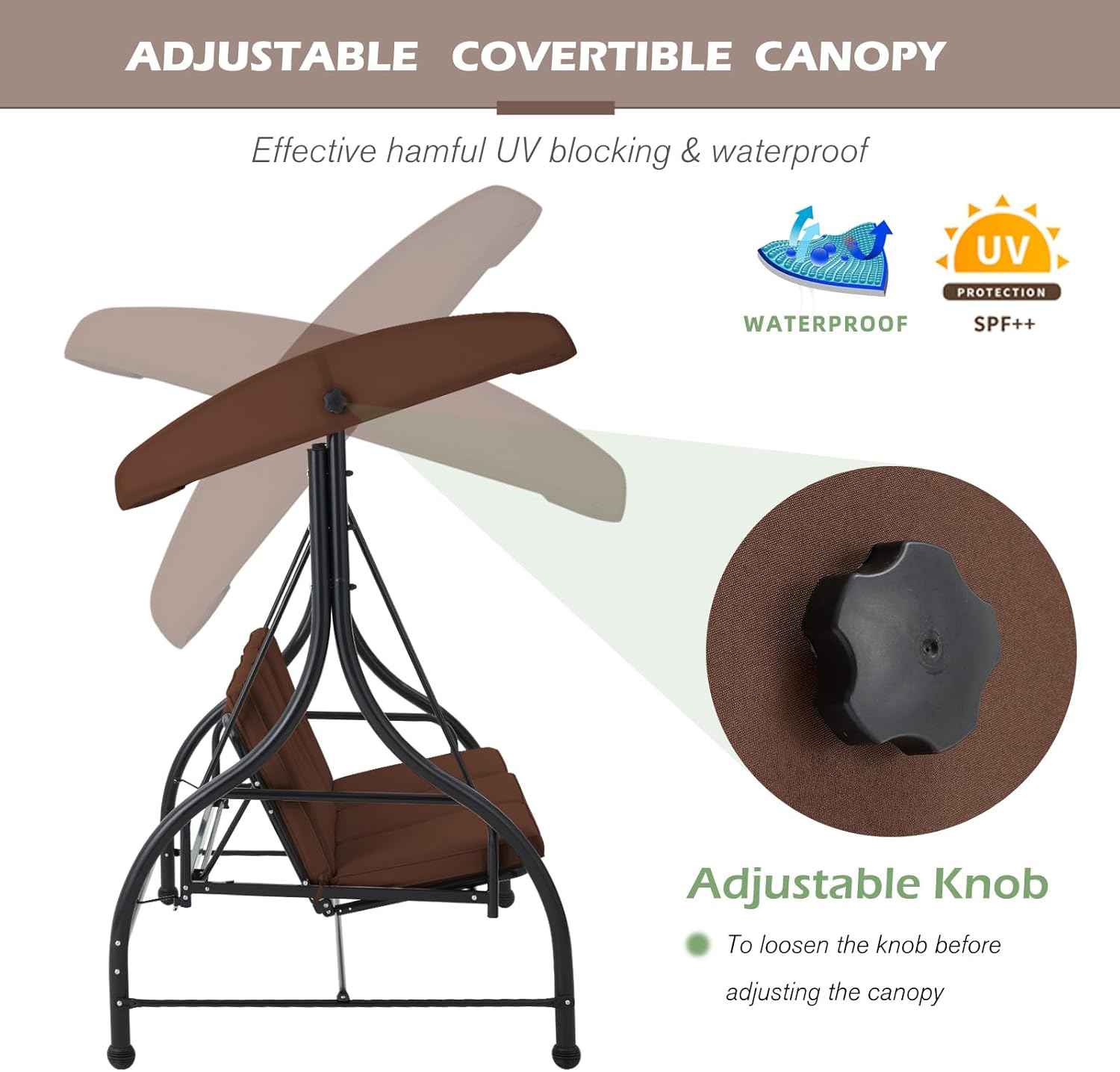 3 Seater Garden Swing Bed Brown Canopy Cushions Steel
