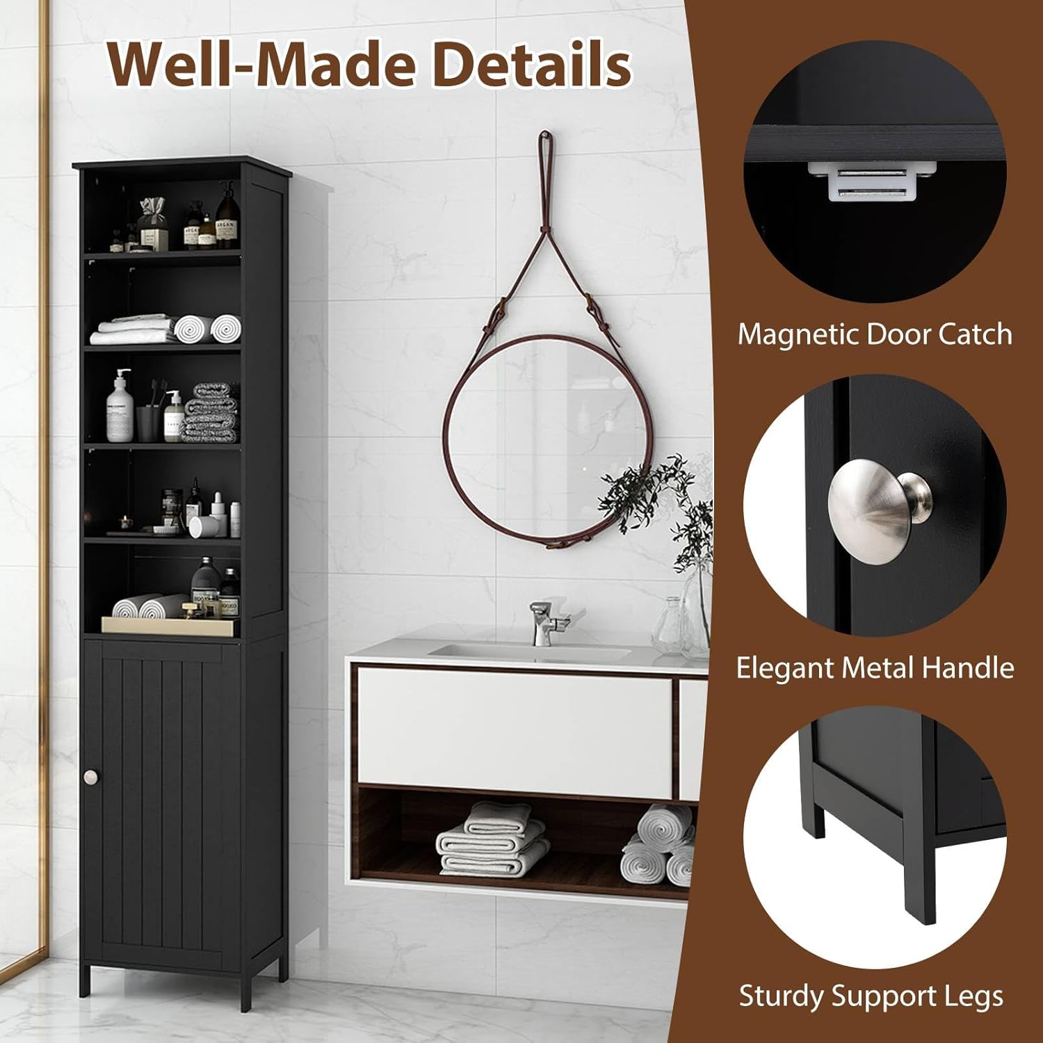 Tall Bathroom Storage Cabinet Shelf Cupboard Black
