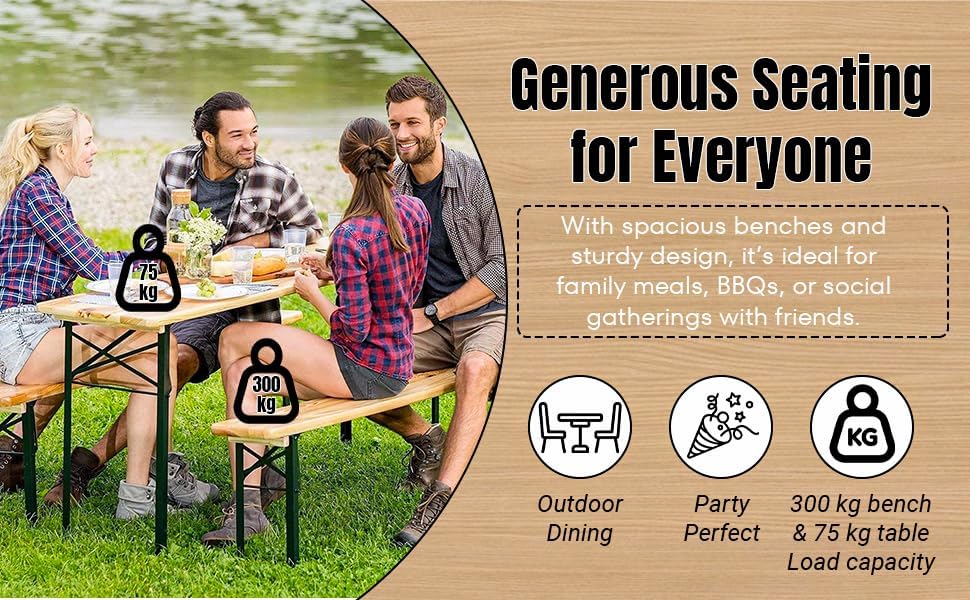 Folding Wooden Picnic Table & Bench Set Portable Beer Garden Set