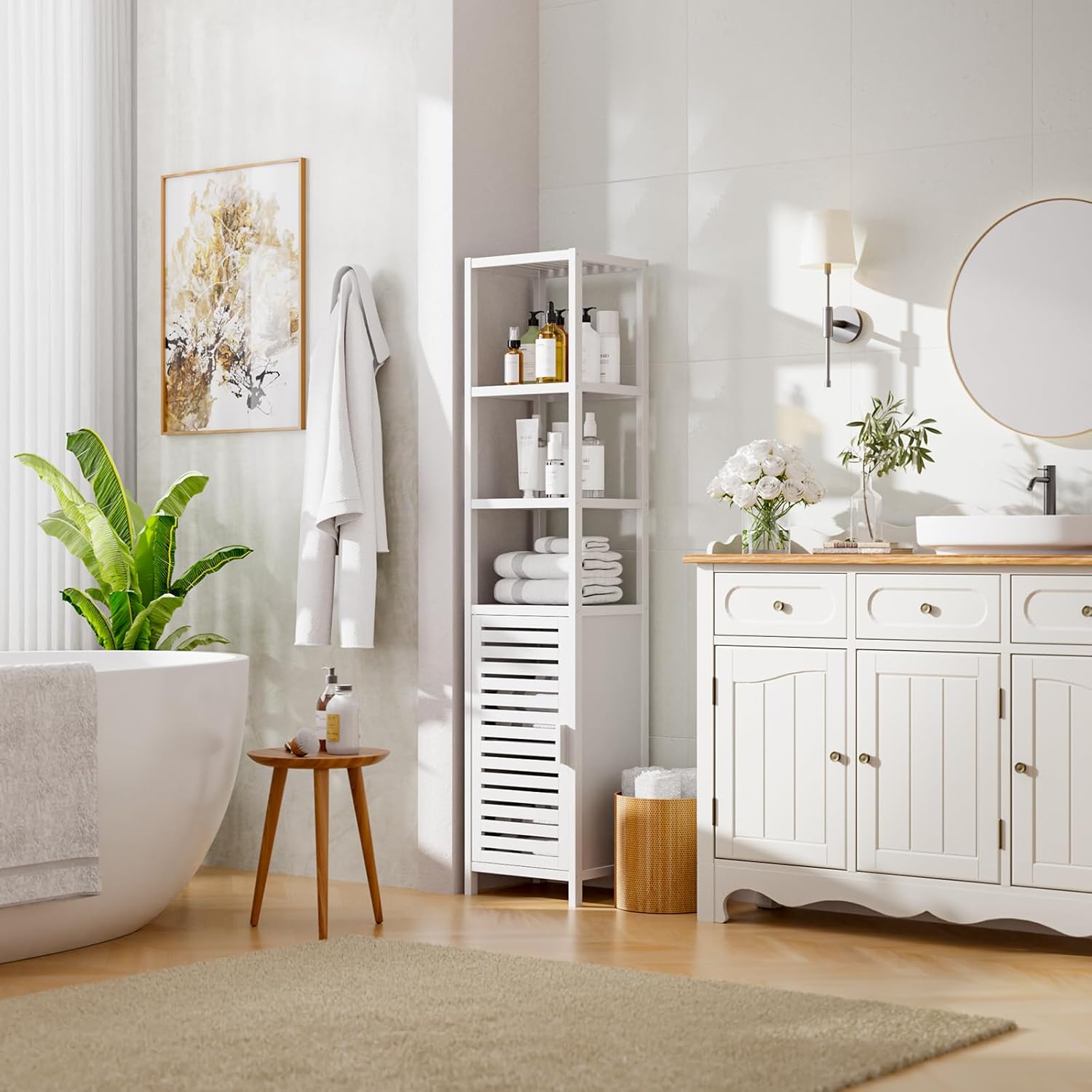 Bamboo Tall Storage Cabinet White Shelf Shutter Door Unit