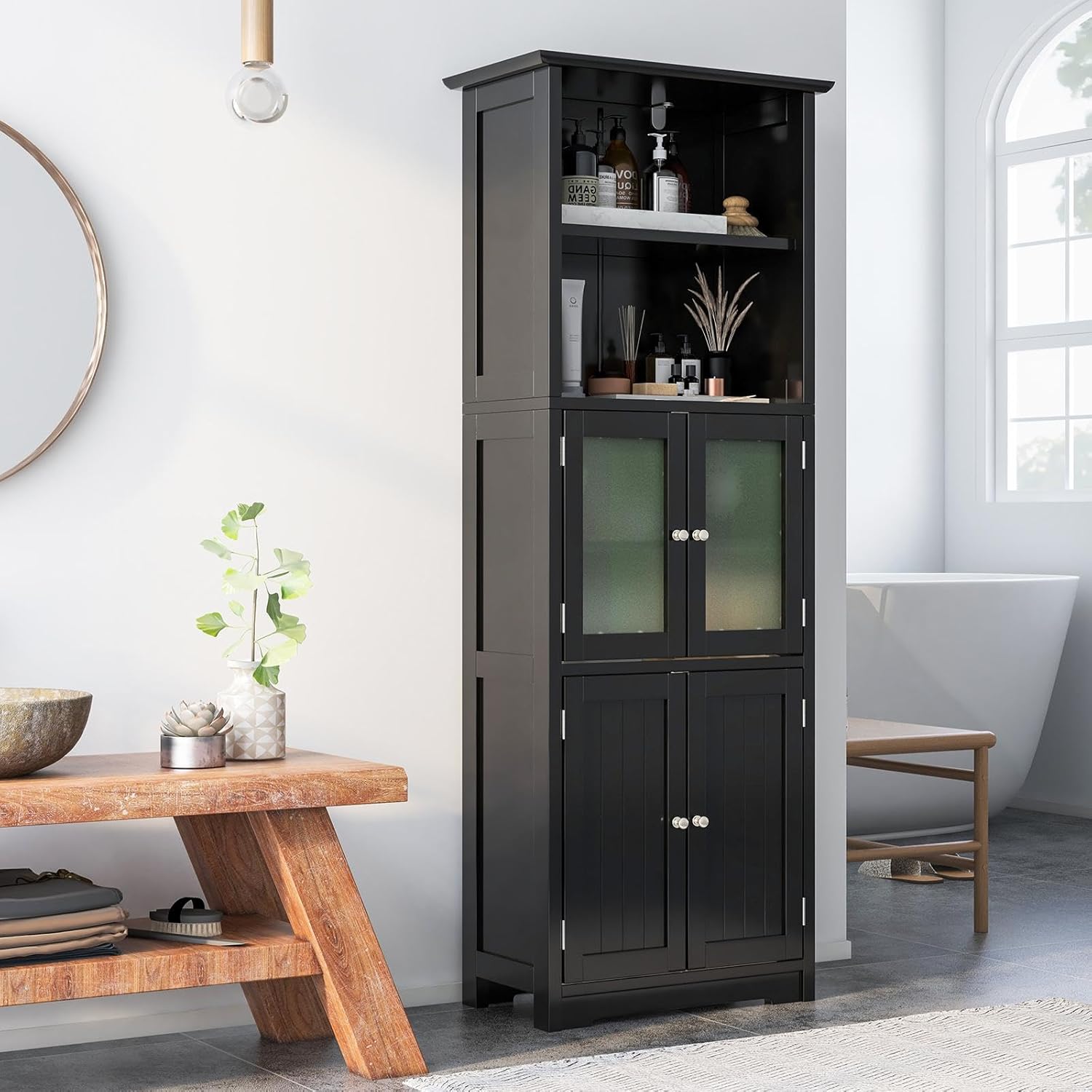 Tall Storage Cabinet Glass Door Shelf Unit Black