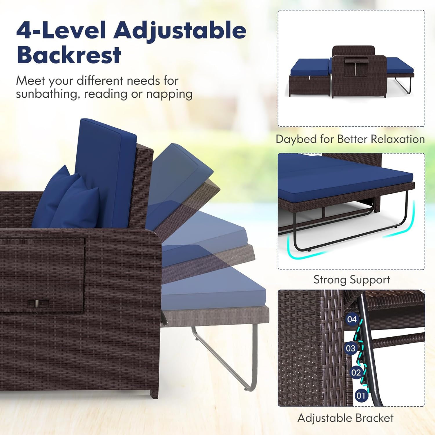 2 in 1 Rattan Daybed Sun Lounger Navy Blue