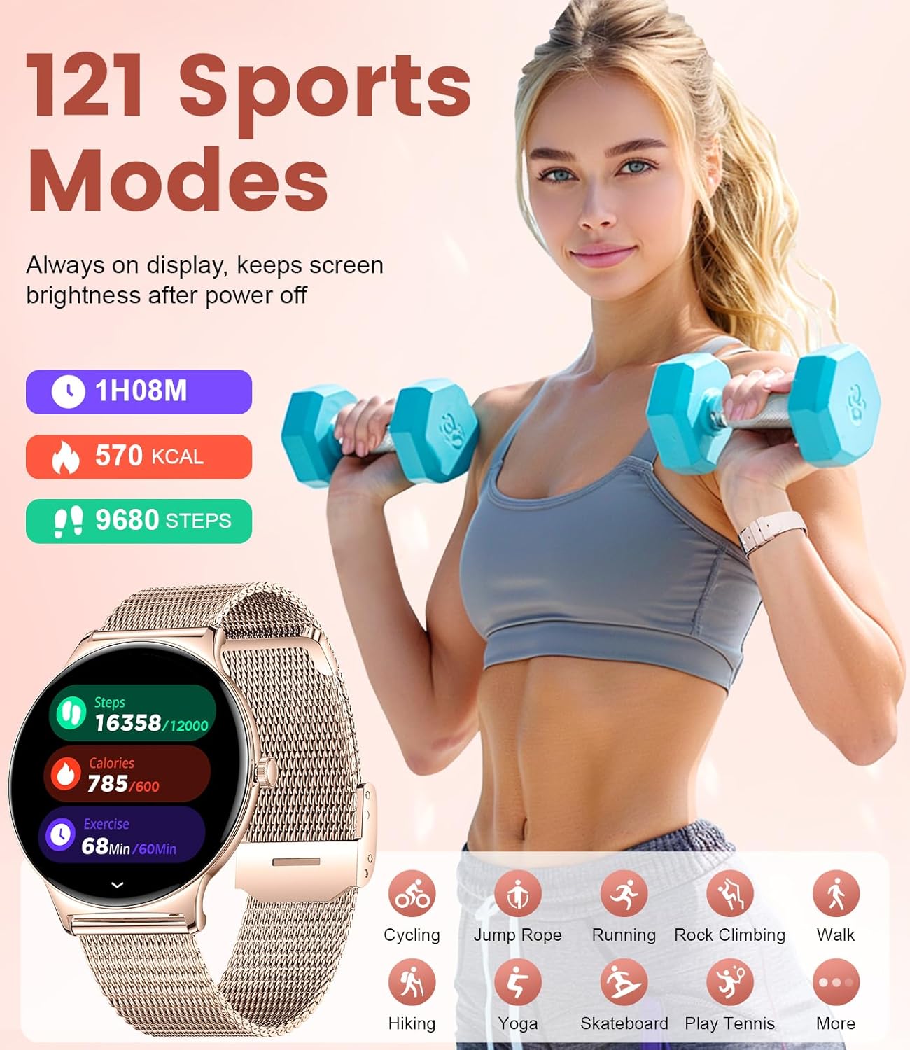 Rose Gold Women AMOLED Smart Watch 110 Sports
