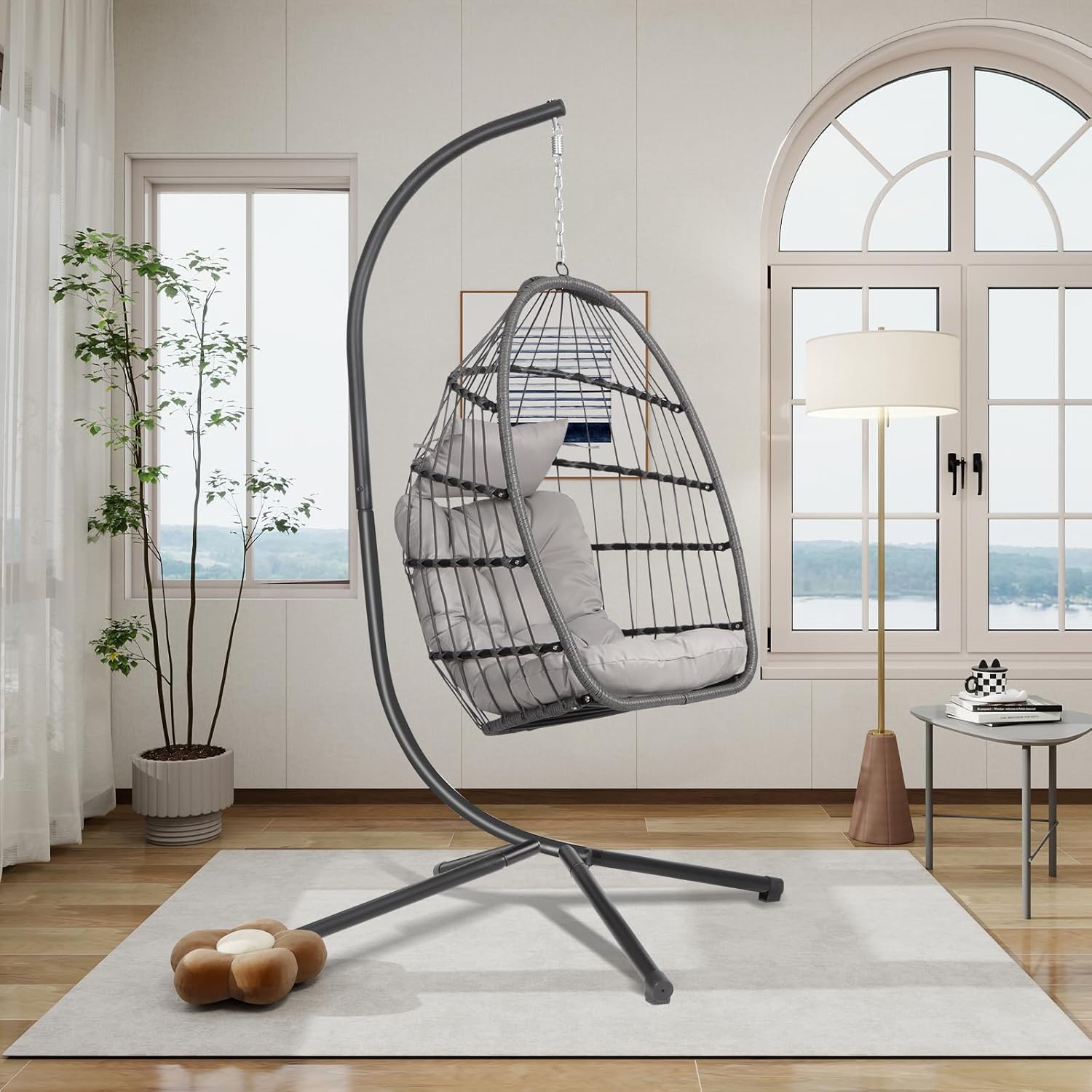 Rattan Egg Swing Chair with Stand Cushion Grey