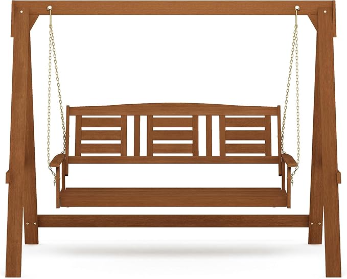 3 Seater Wooden Garden Swing with Stand Natural Patio