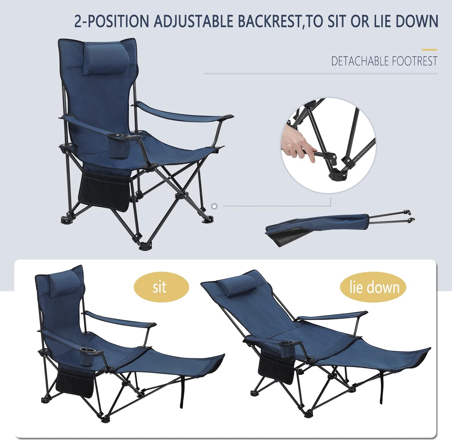 Reclining Camping Chair with Footrest Folding Seat Blue