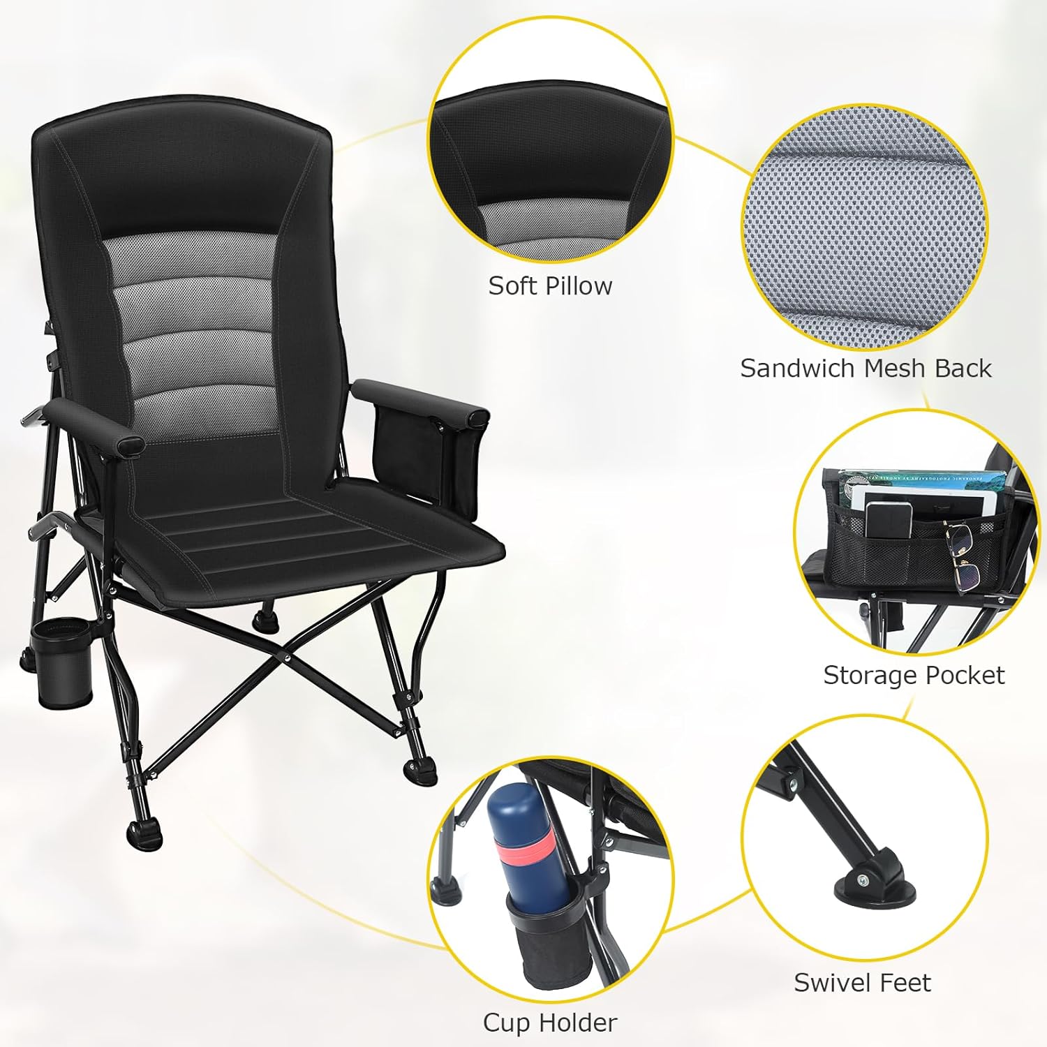 Reclining Oversized Camping Chair with Lumbar Support Black