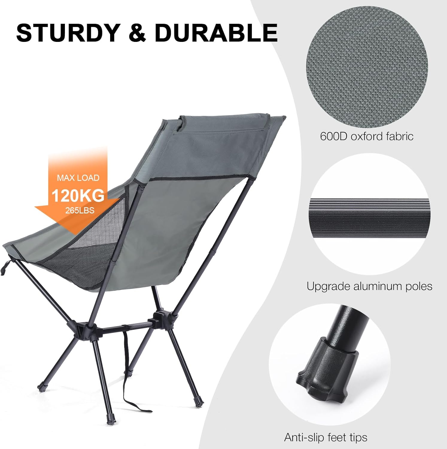 High Back Lightweight Camping Chair Portable Folding Outdoor Seat Grey