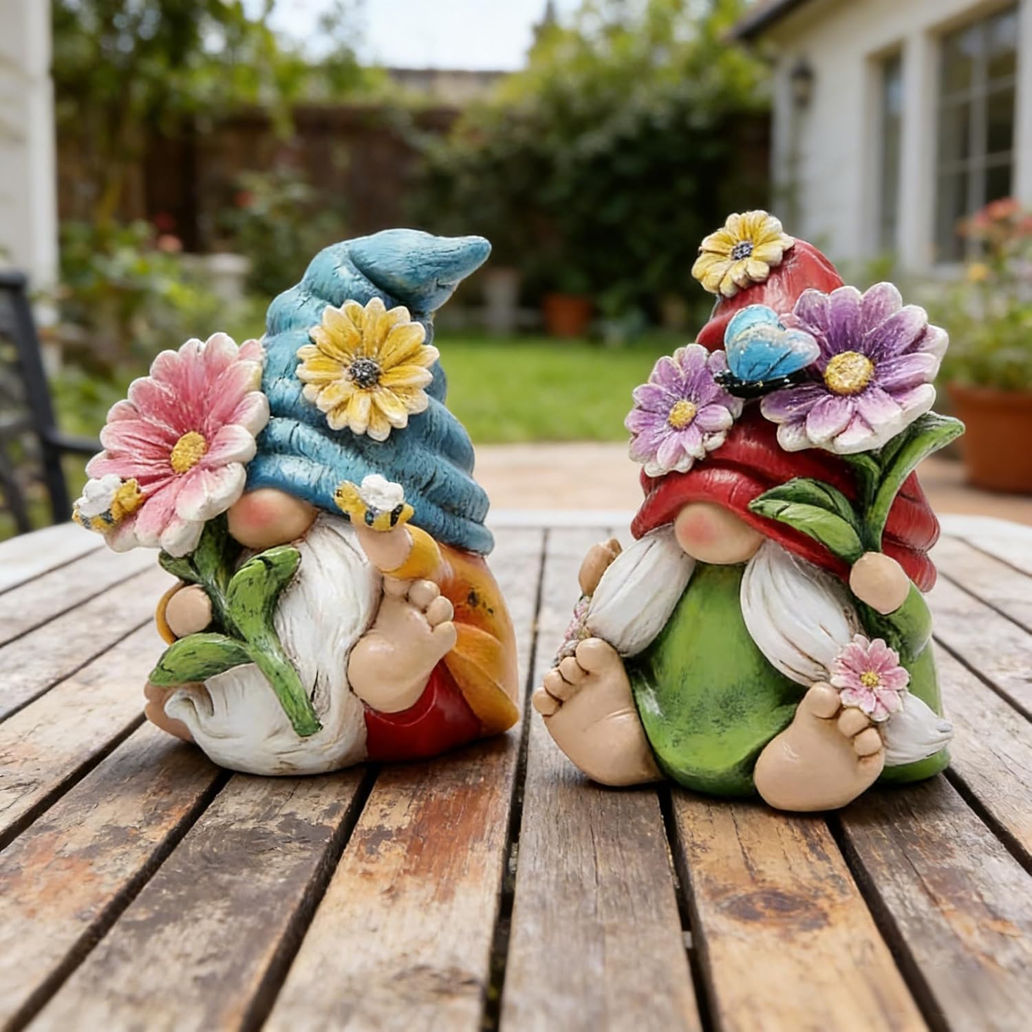 2PCS Spring Flower Gnome Figurines Easter Decor Resin Shelf Ornaments