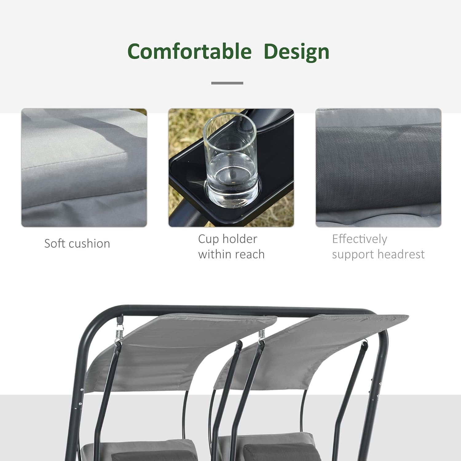 2 Seater Canopy Swing Chair with Cup Holders Grey