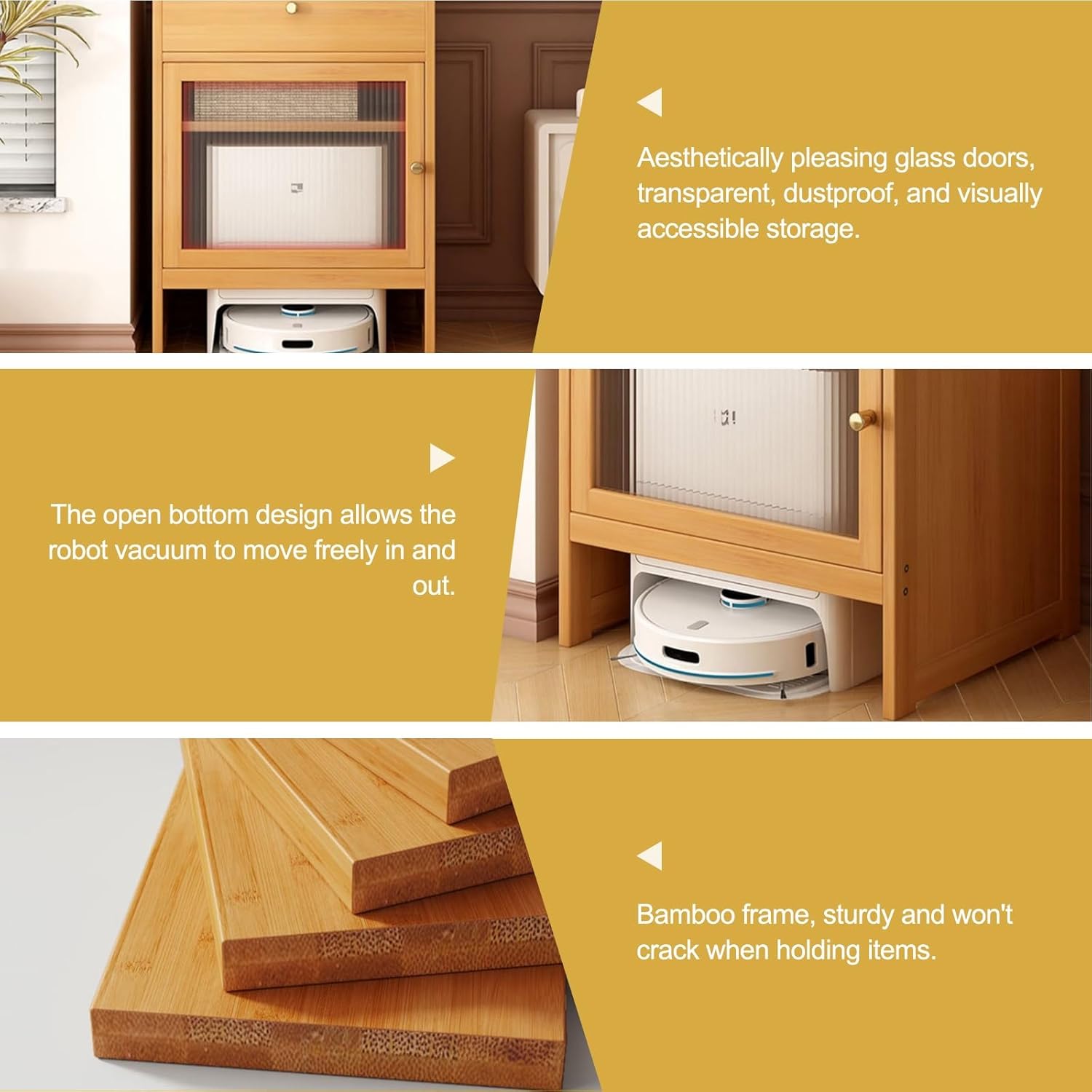 Robot Vacuum Storage Cabinet Bamboo Side Table Glass Door Drawer