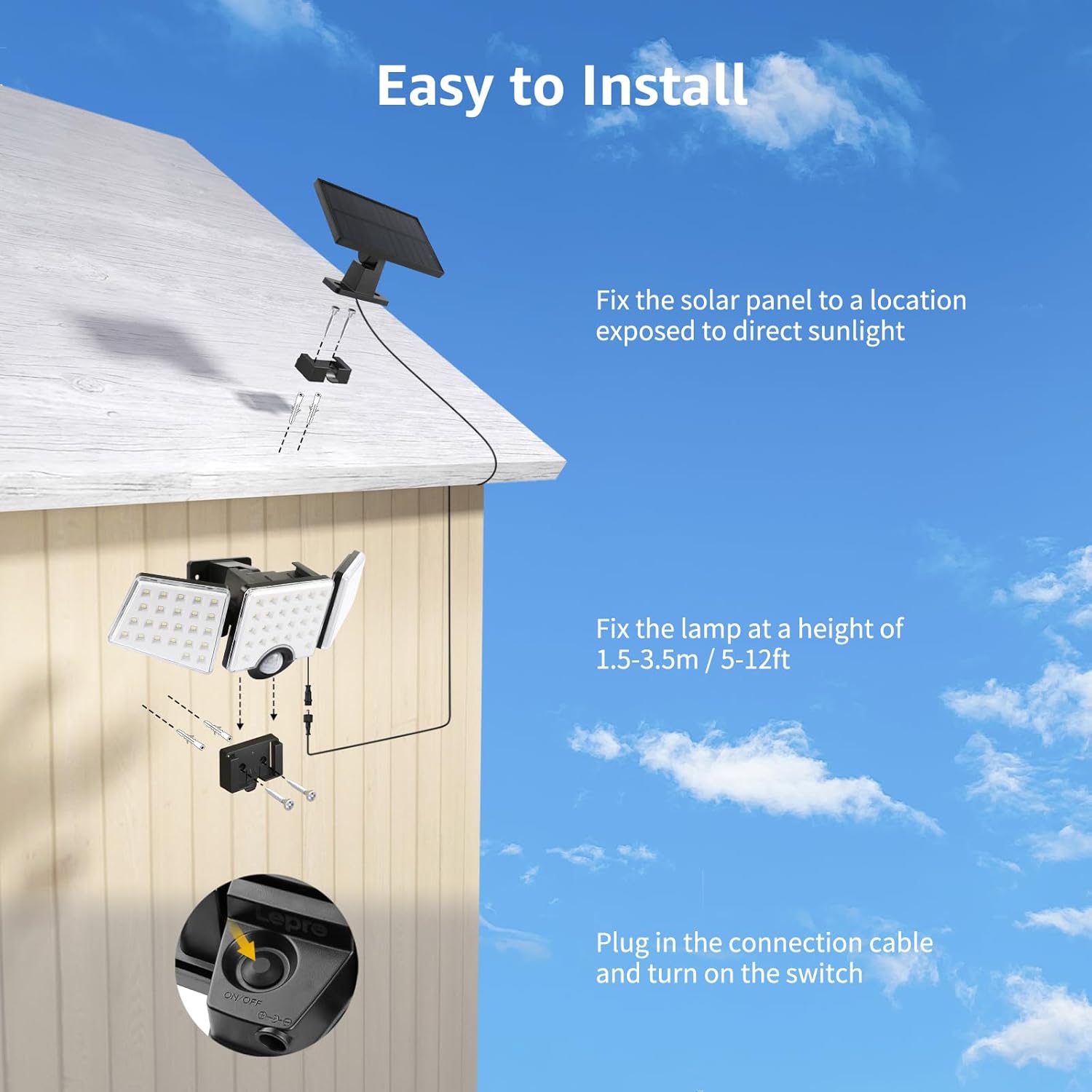 Solar Security Lights Outdoor Motion Sensor 1200LM 3 Head