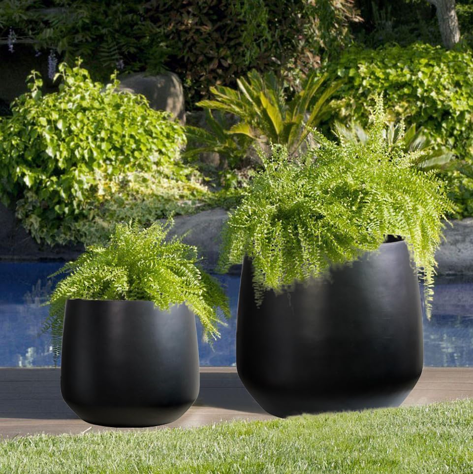 Set of 2 Large Black Planters 55cm 43cm Fibrestone Pots
