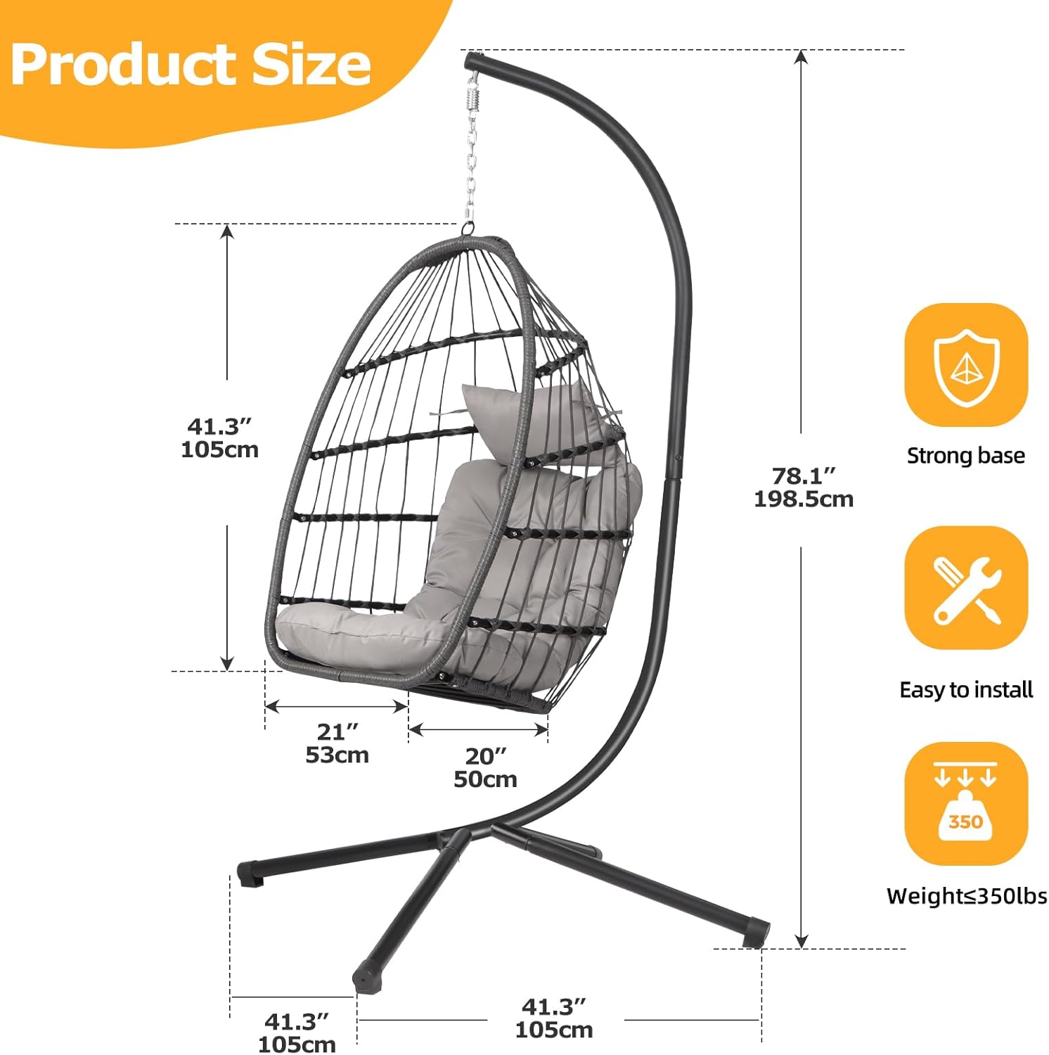 Rattan Egg Swing Chair with Stand Cushion Grey
