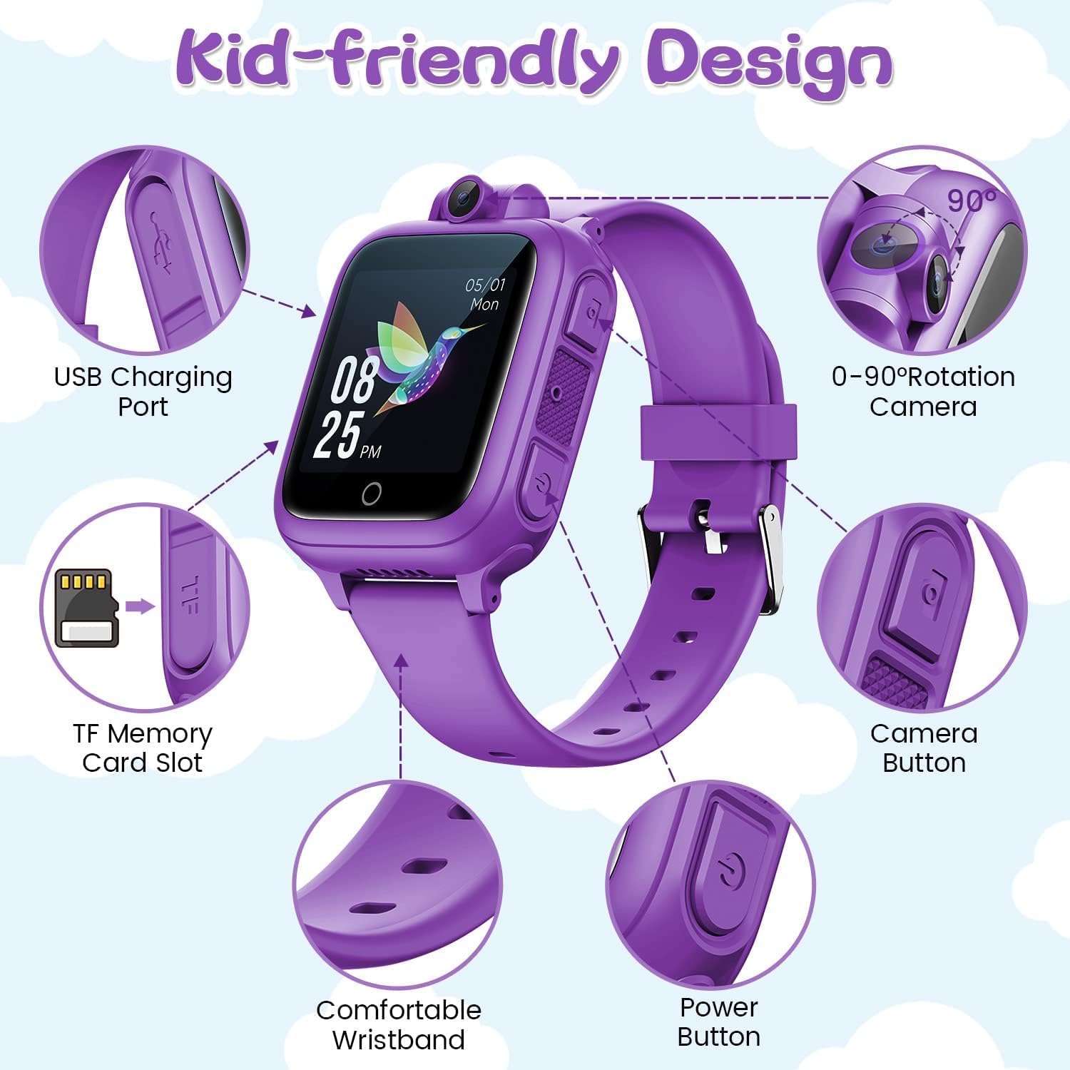 Kids Purple Smart Watch Camera Games Music Toy