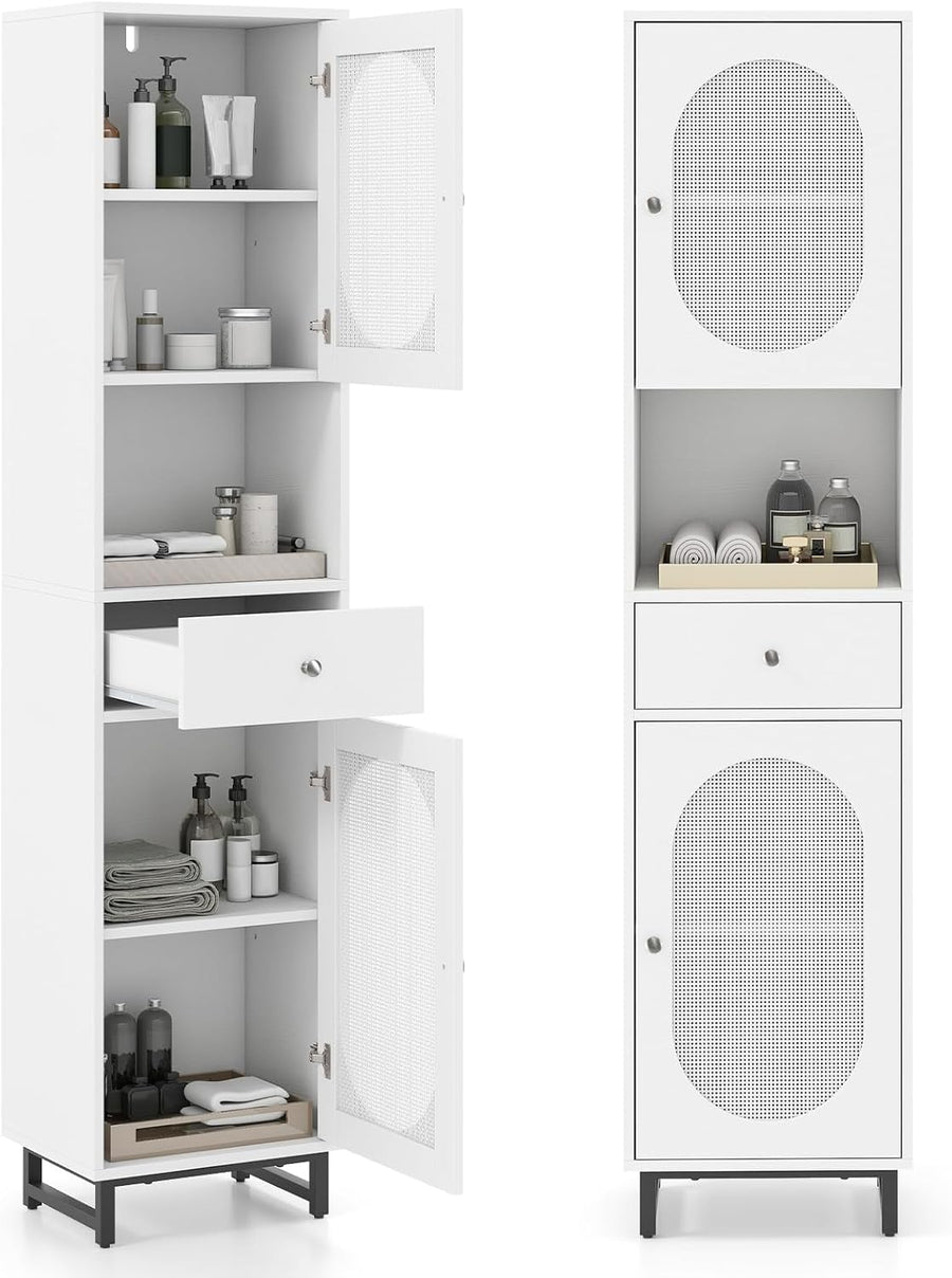 Tall Slim Storage Cabinet White Rattan Drawer Door Unit
