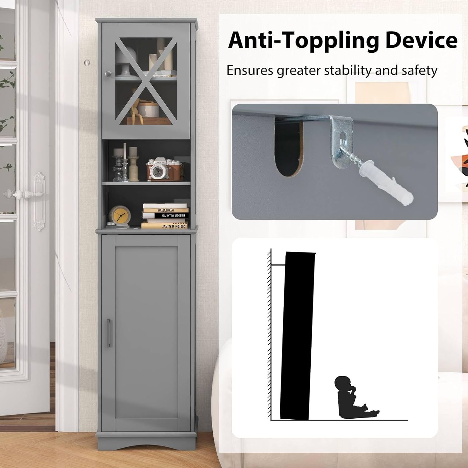 Tall Bathroom Storage Cabinet 2 Door Shelf Unit Grey