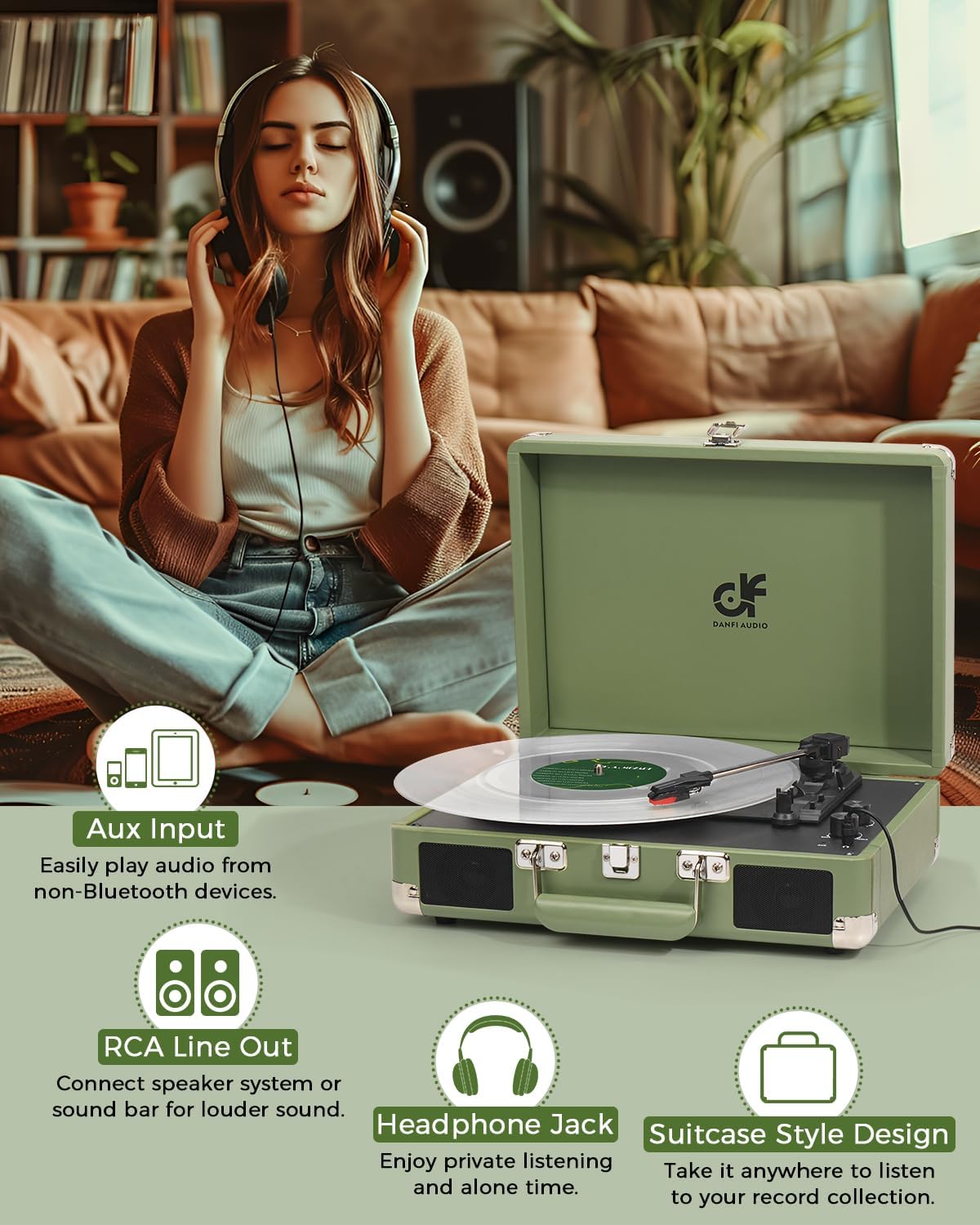 Portable Suitcase Record Player 3 Speed Sage Green