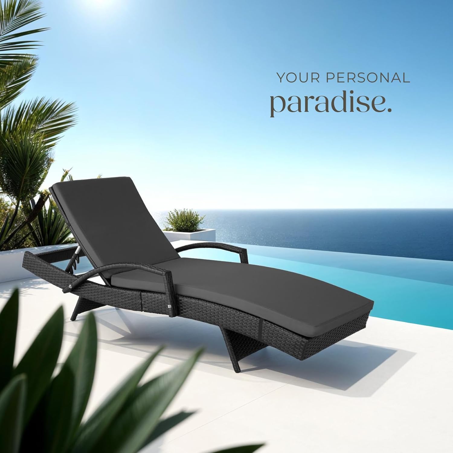 Rattan Sun Lounger 5 Position Recliner Cushion Black