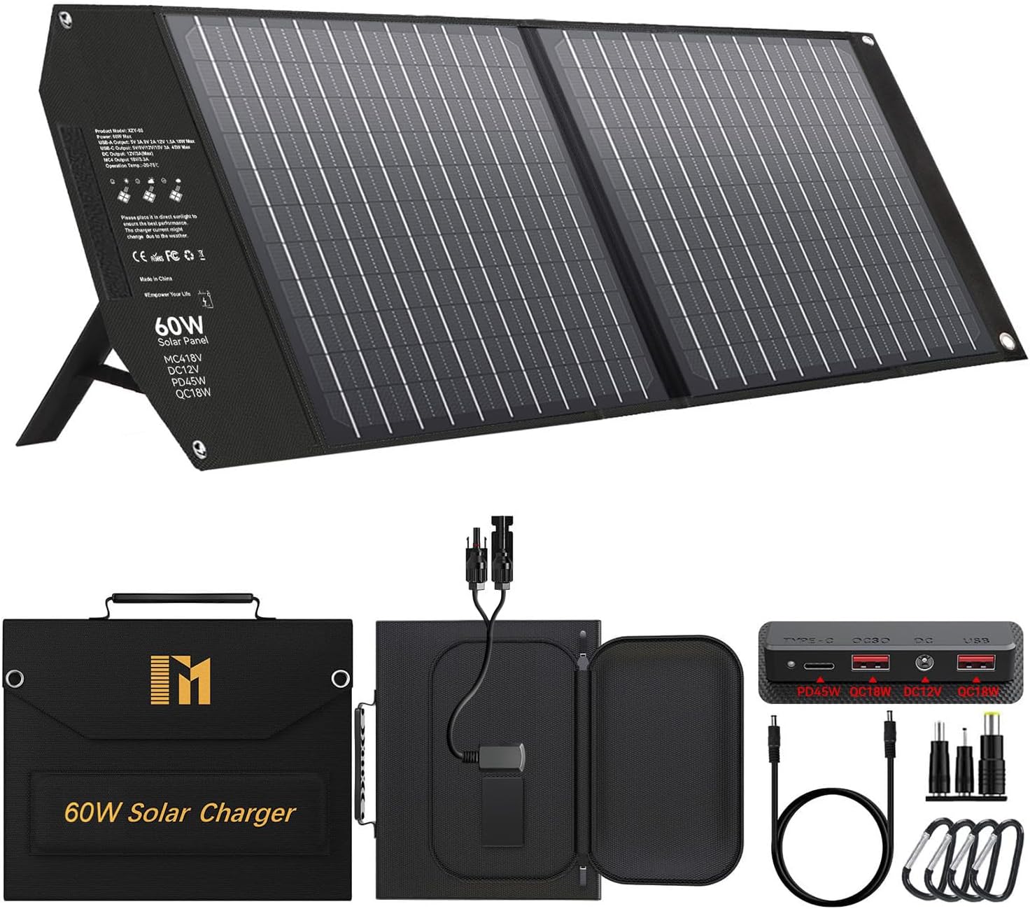 60W Portable Foldable Solar Panel USB C MC4 Fast Charger