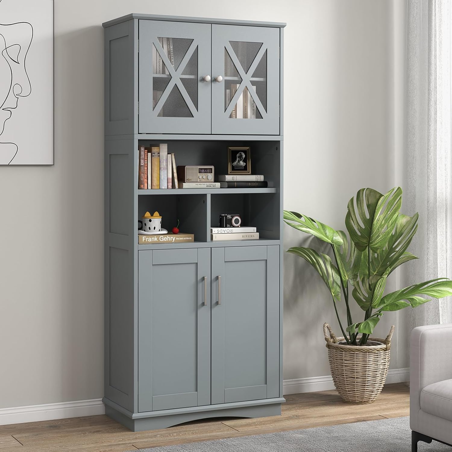 Tall Storage Cabinet Grey Adjustable Shelf Door Unit