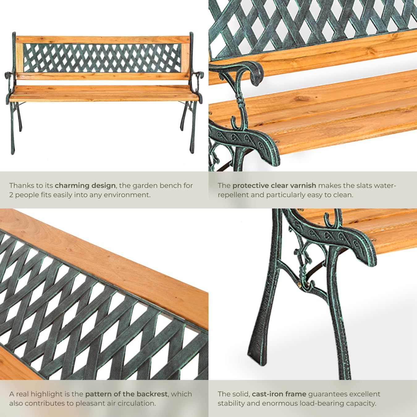 2 Seater Garden Bench Wooden Slats Cast Iron Patio Park Seat