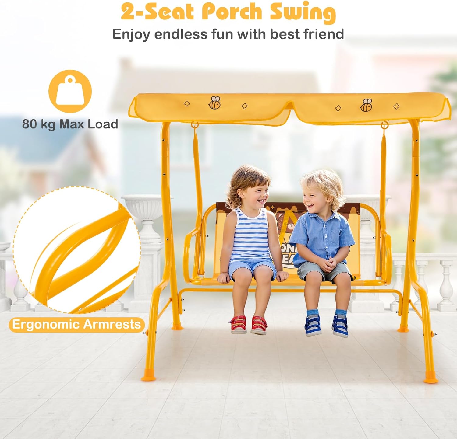 Kids 2 Seat Swing Chair Orange Canopy Safety Belts