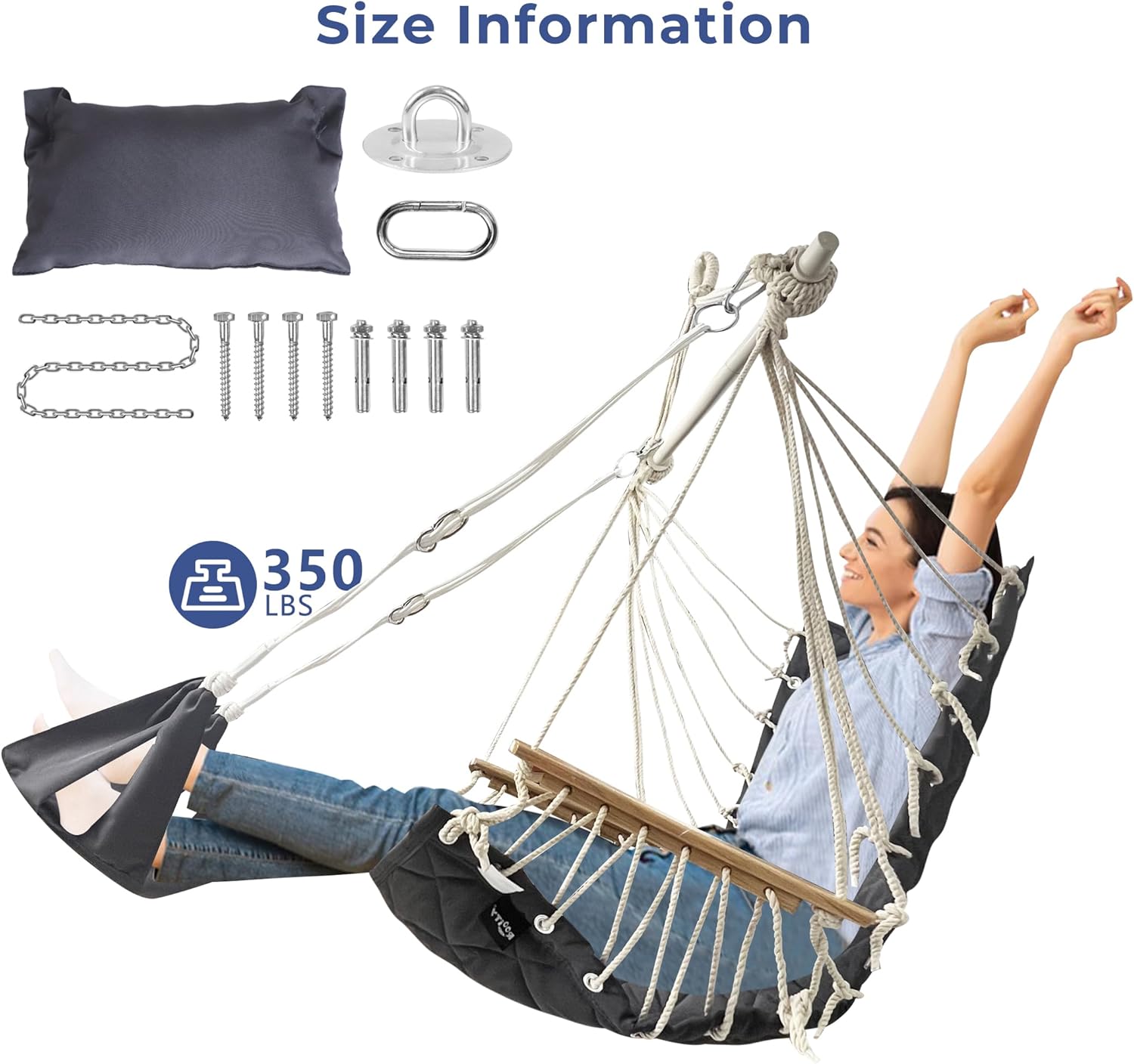 Quilted Hanging Hammock Chair with Footrest Cushion Blue