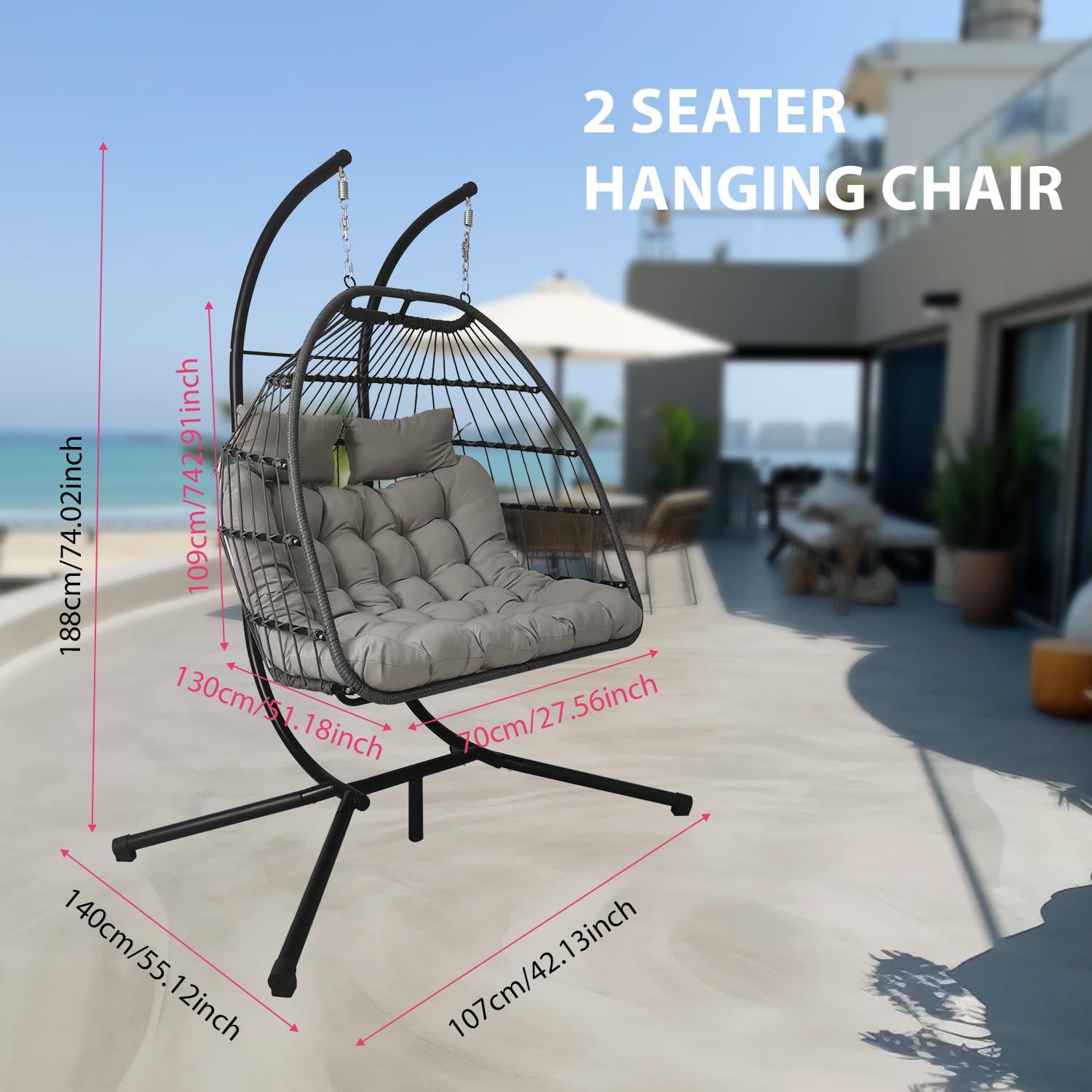 Double Rattan Swing Chair with Stand Light Grey