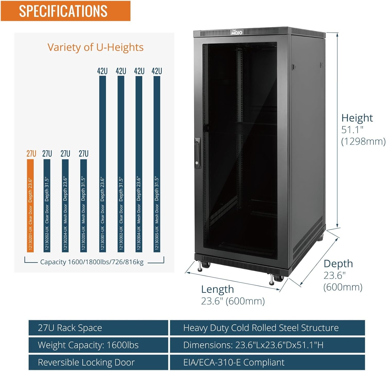 27U Free Standing Server Rack Cabinet Glass Door 600mm
