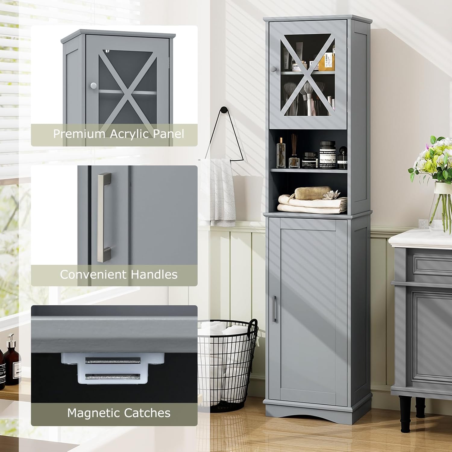 Grey Tallboy Bathroom Cabinet 2 Door Shelf Storage Unit