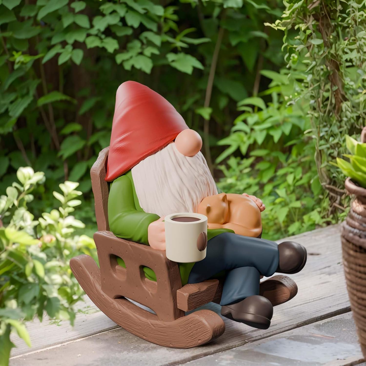 Funny Garden Gnome Statue Rocking Chair Coffee Outdoor Decor