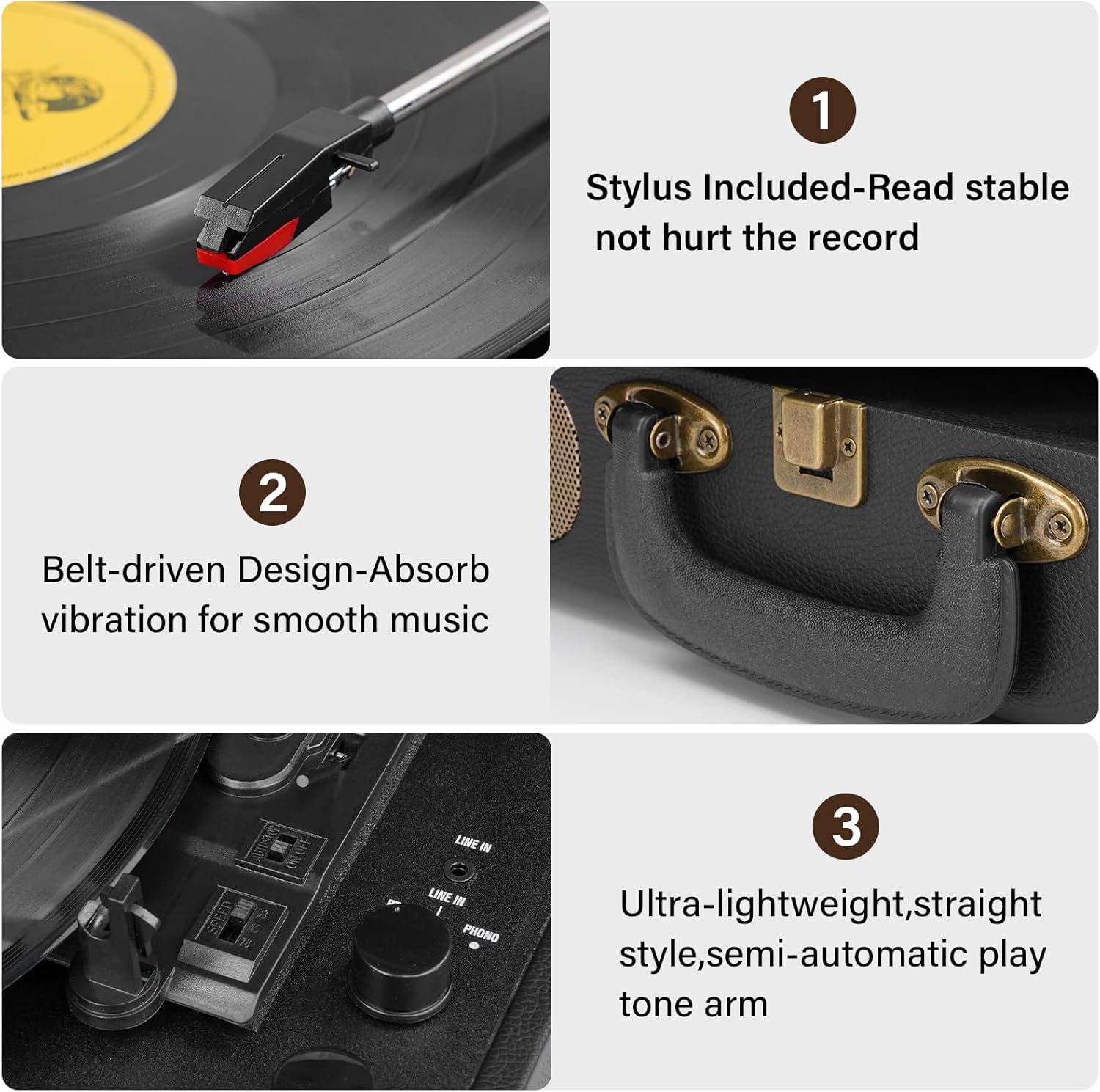 3-Speed Bluetooth Vinyl Record Player with USB, Built-In Speakers