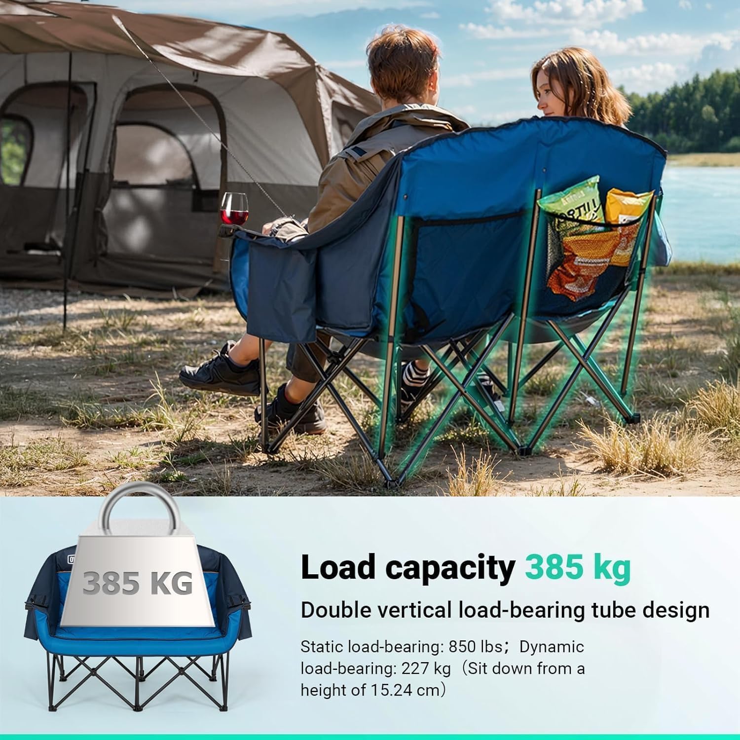 Oversized Double Camping Chair 2 Seater 382kg Blue