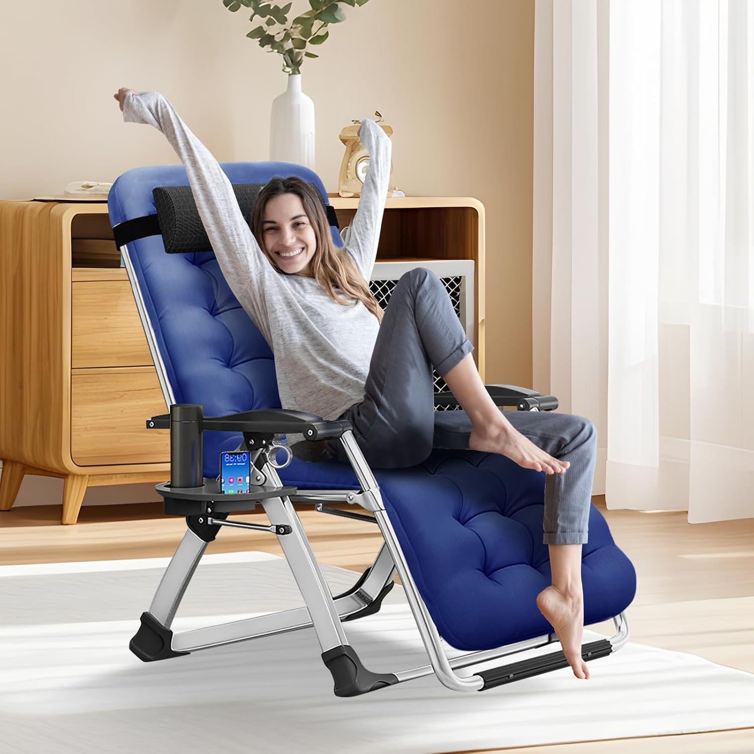 Zero Gravity Folding Recliner Chair Blue 200KG Cushion