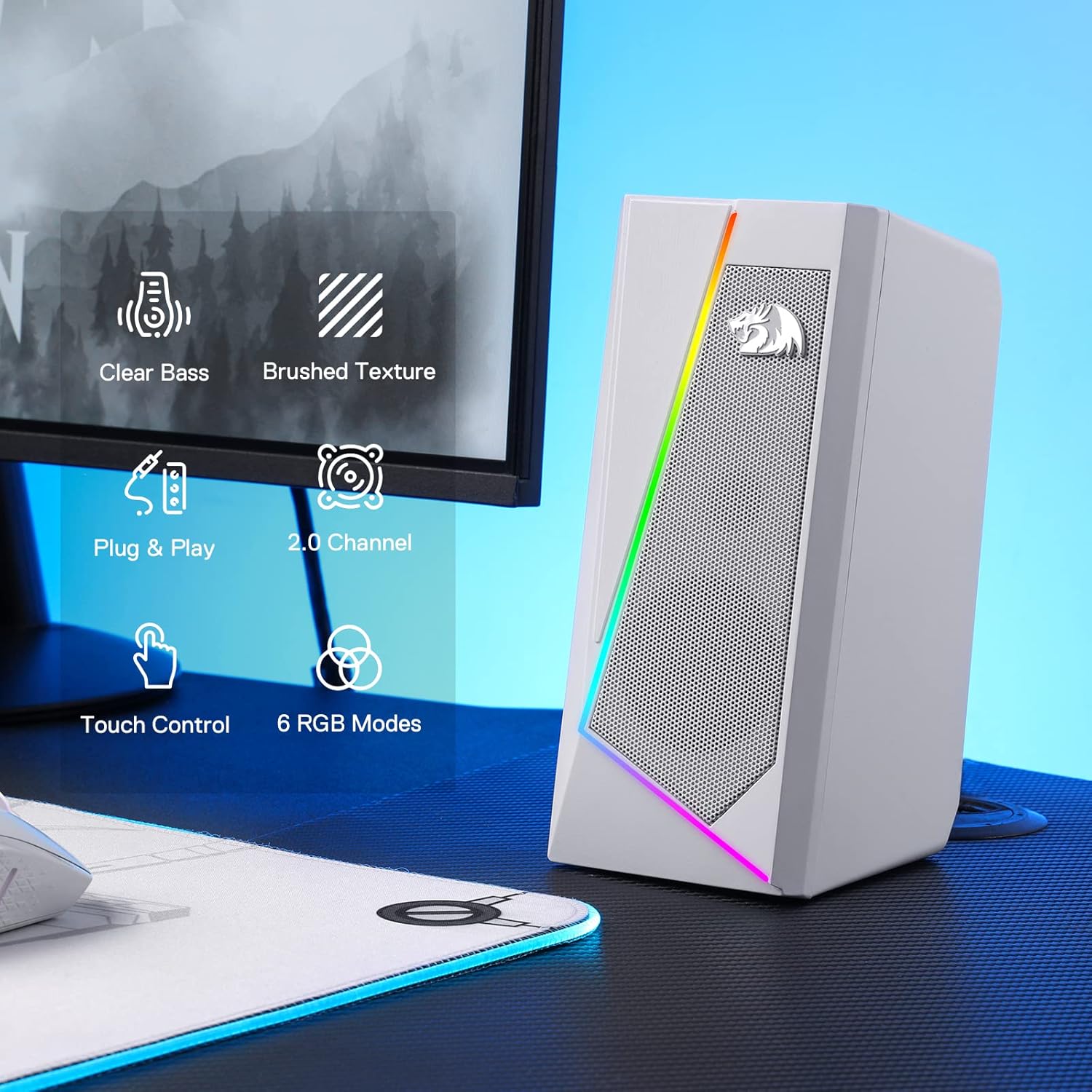 PC Speakers RGB Stereo USB Powered Desktop Audio White Bass