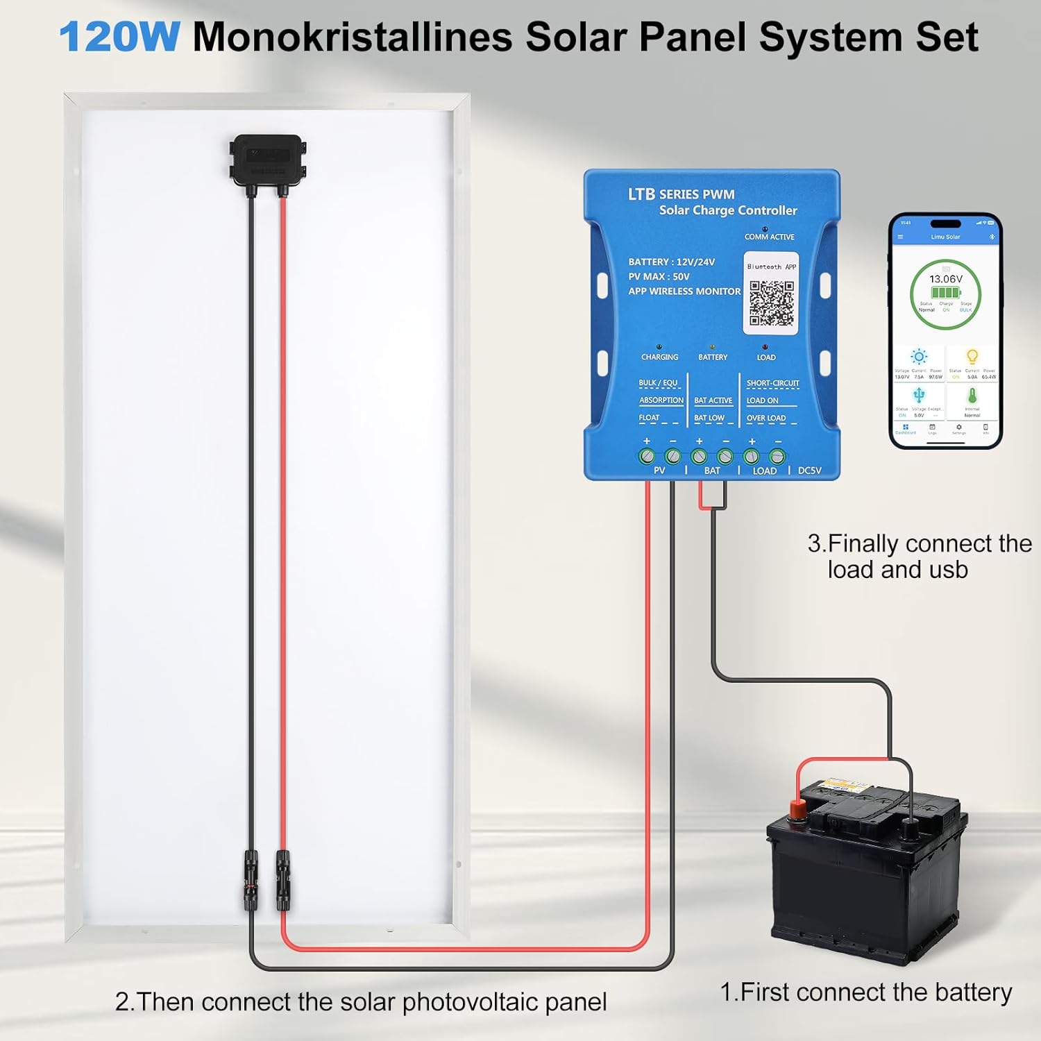 120W Solar Panel Kit Bluetooth 12V RV Boat Charger