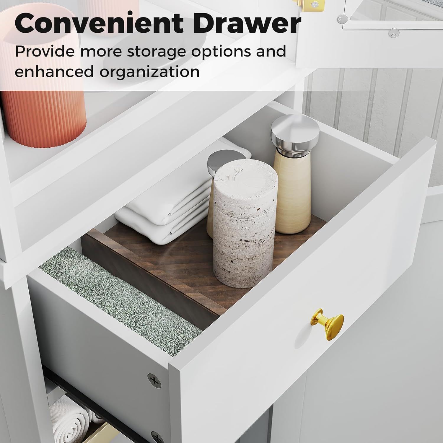 Slim Bathroom Tall Cabinet Drawer 2 Door Shelf Unit White
