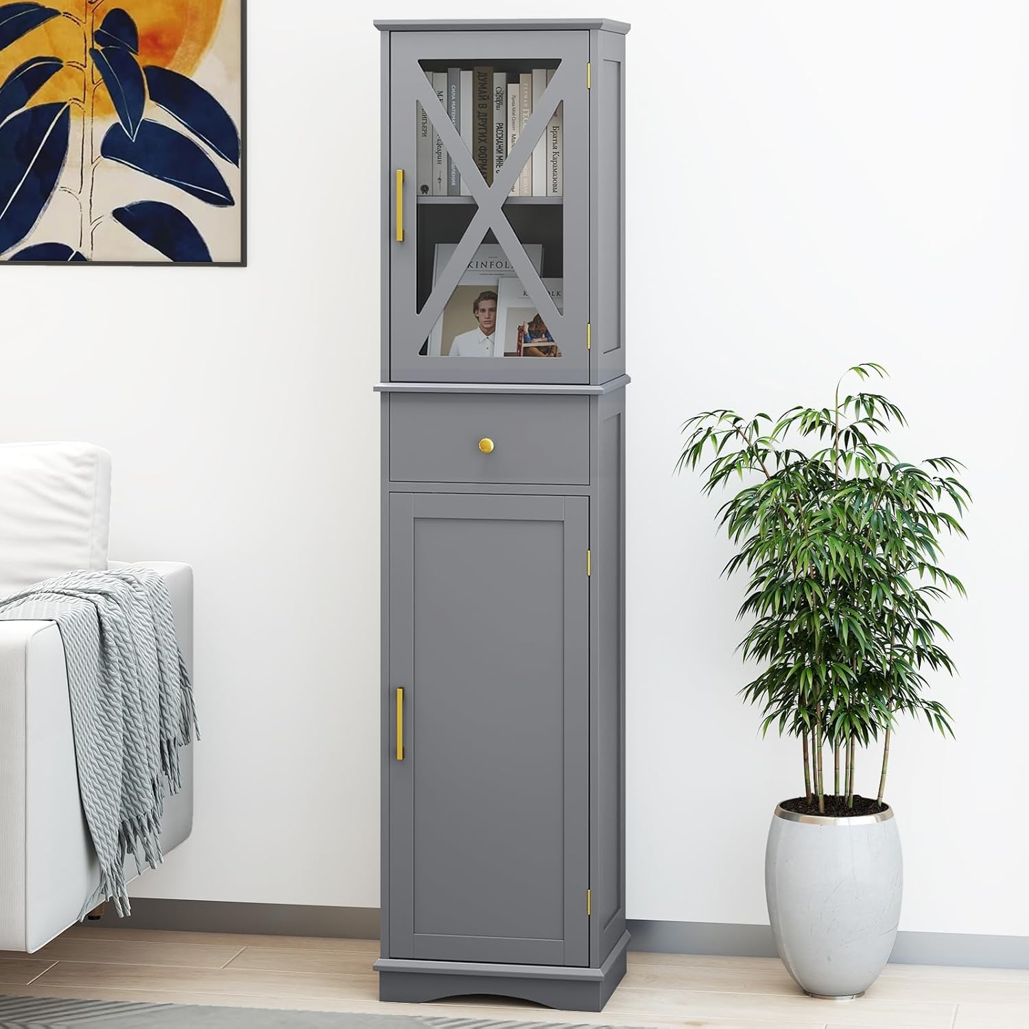 Slim Bathroom Tall Cabinet Drawer 2 Door Shelf Unit Grey