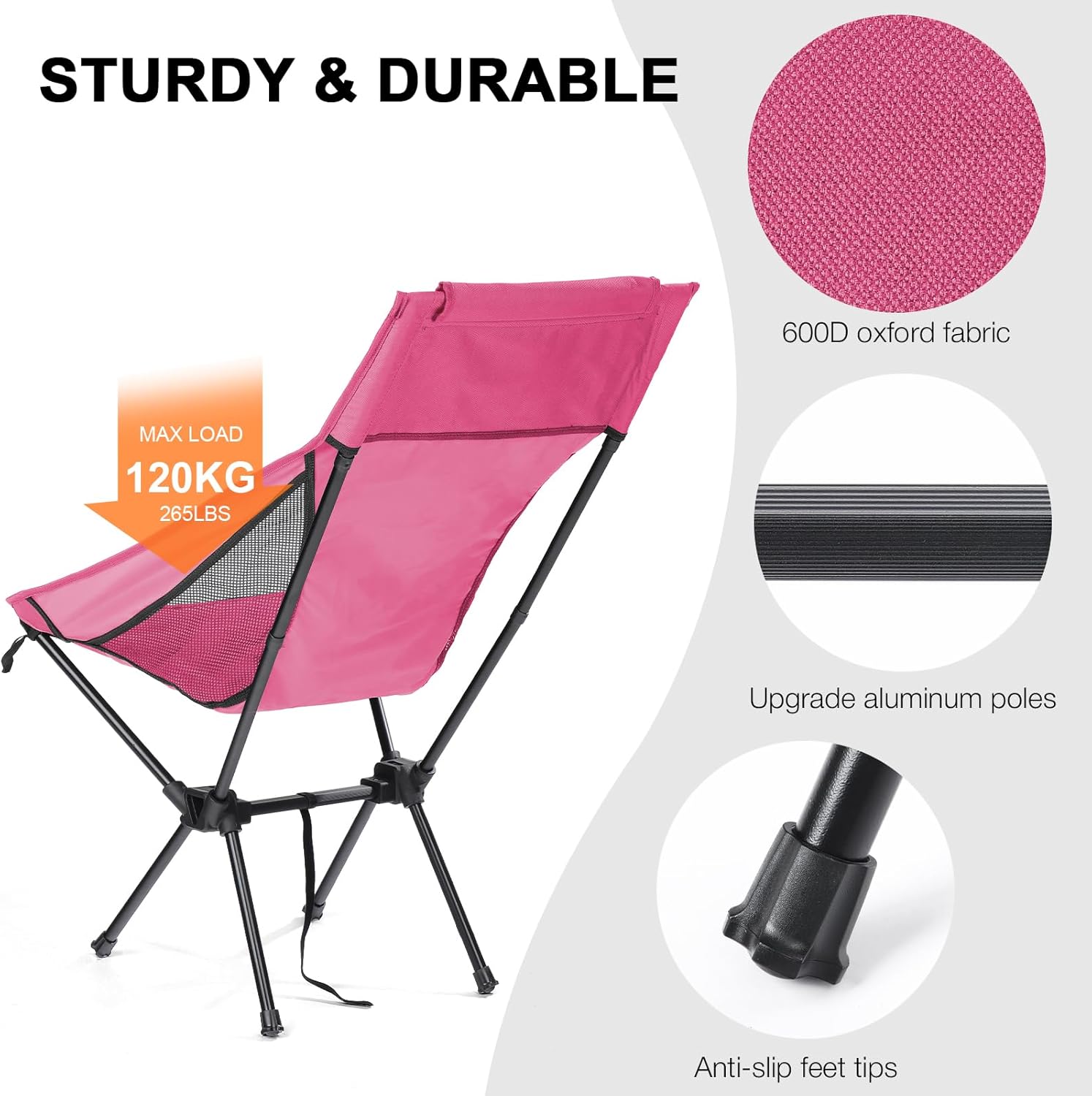 Pink High Back Lightweight Camping Chair Portable Folding Seat