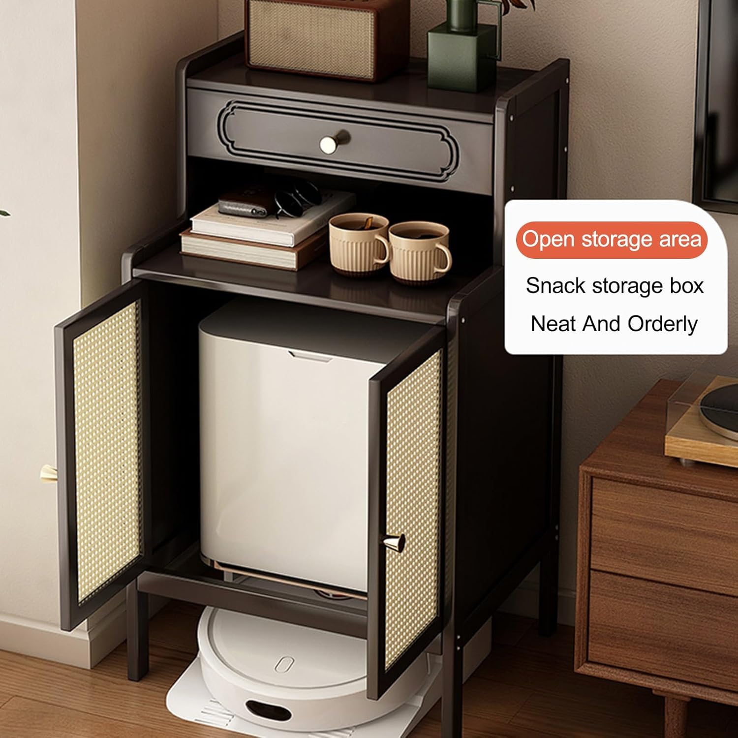 Hidden Robot Vacuum Cabinet Wood Side Table Storage Drawer Rattan Door