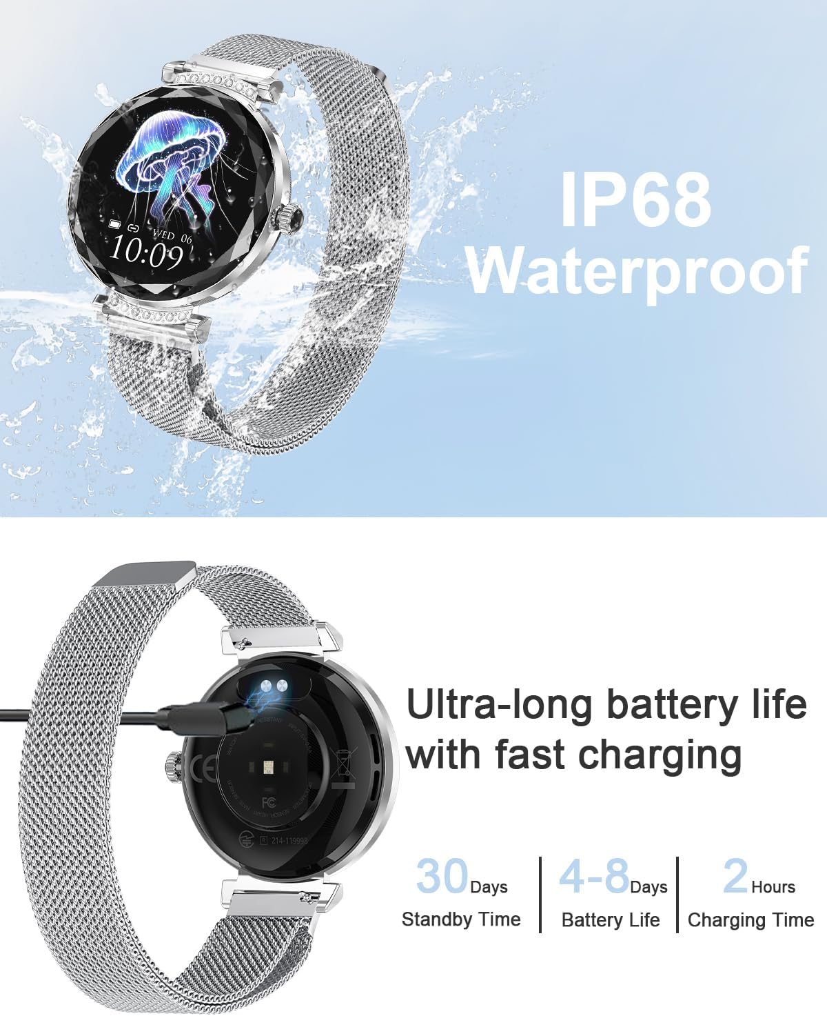 Womens AMOLED Smart Watch Bluetooth Call Fitness Tracker Silver