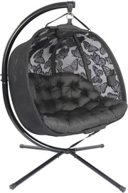 Double Hanging Egg Chair with Stand 2 Seater Plush Cushion Black